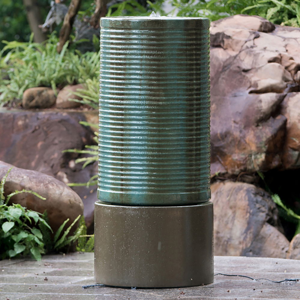 Large Modern Cylinder Ribbed Tower Water Fountain, Contemporary Outdoor Bird Bath - Best Buy Furniture