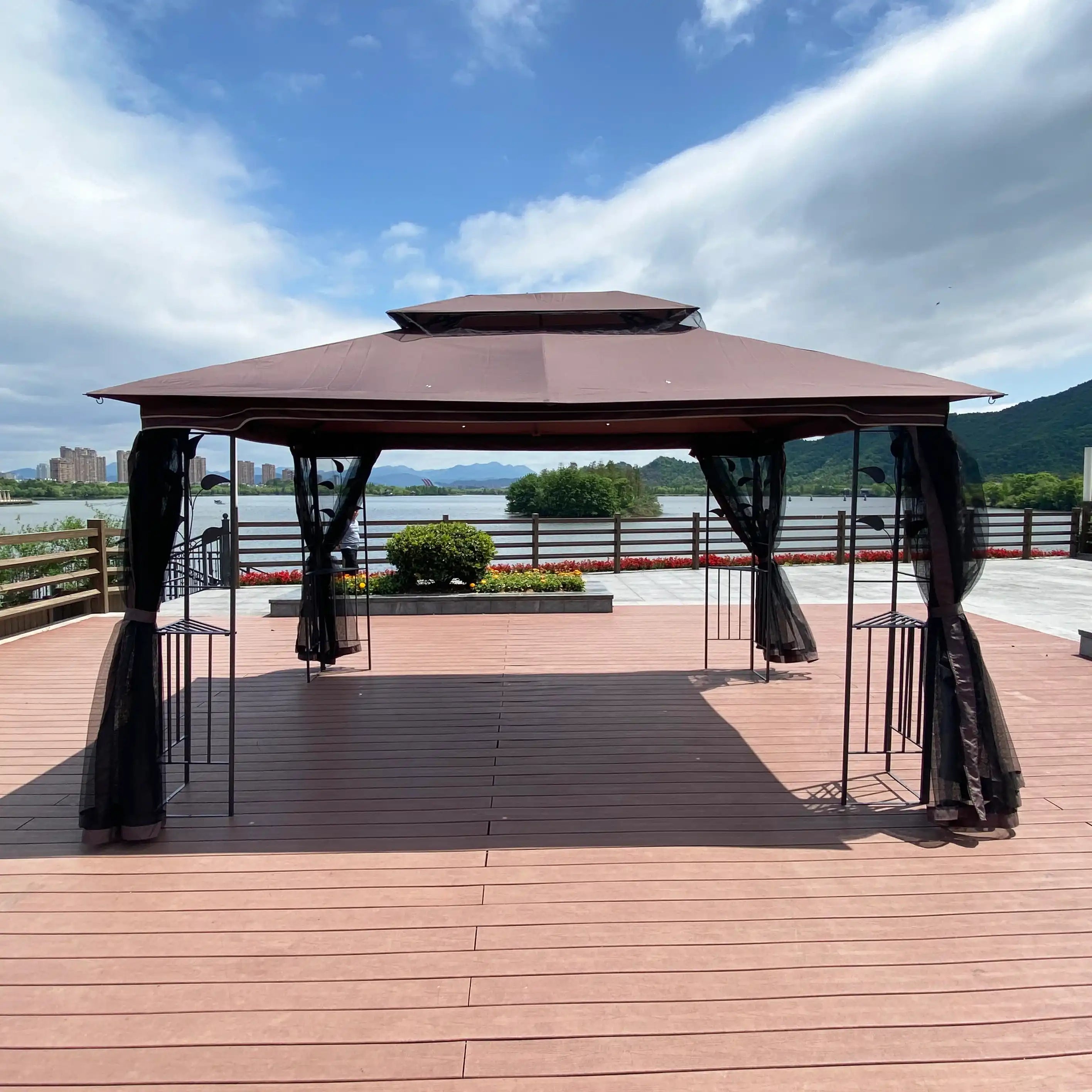 13x10 Outdoor Patio Gazebo Tent, Brown Canopy with Mesh Screens - Best Buy Furniture