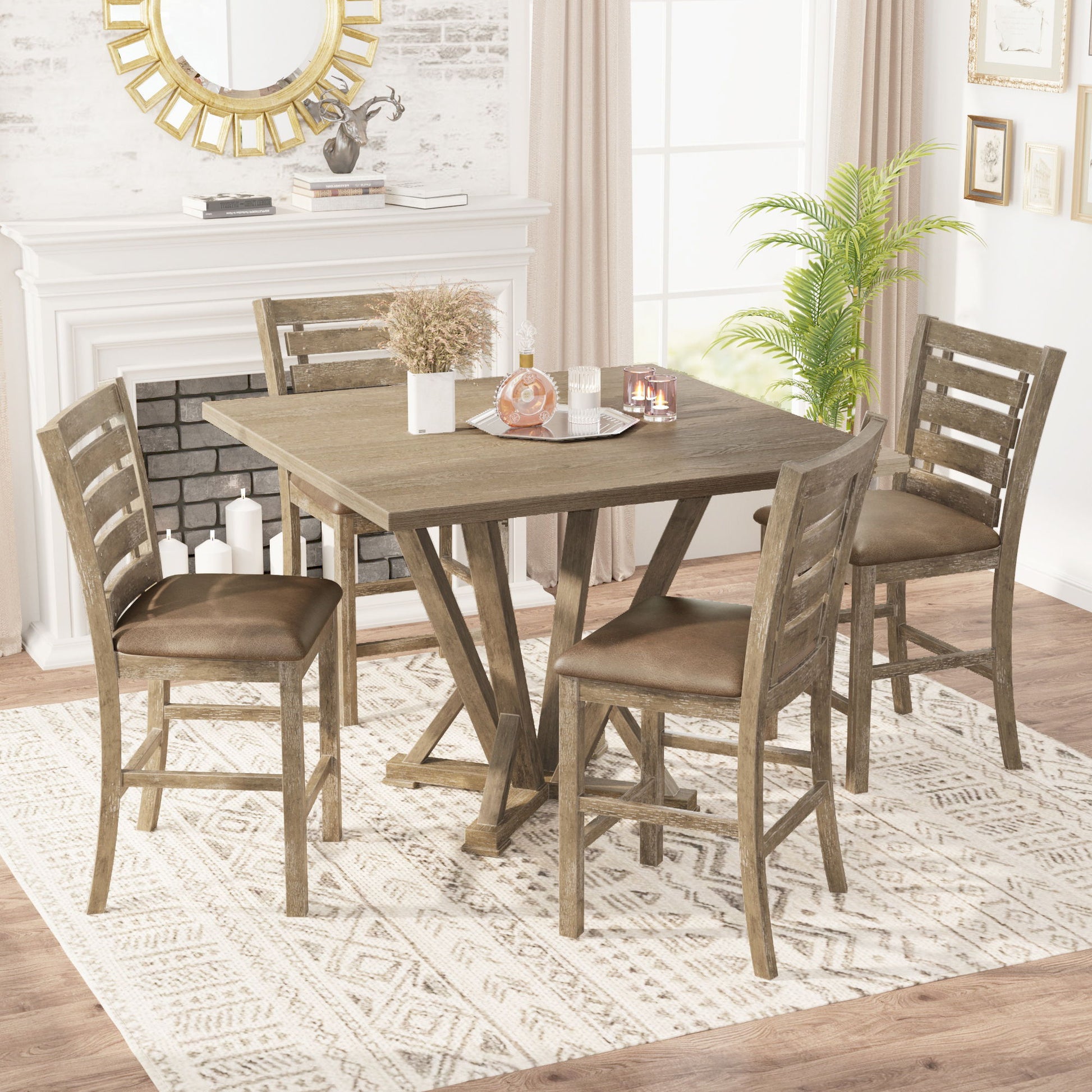 5 Pieces Set Counter Table Set Square Counter Table Solid Wood Modern Farmhouse Rustic Look Distressed Look - Grayish Brown - Best Buy Furniture
