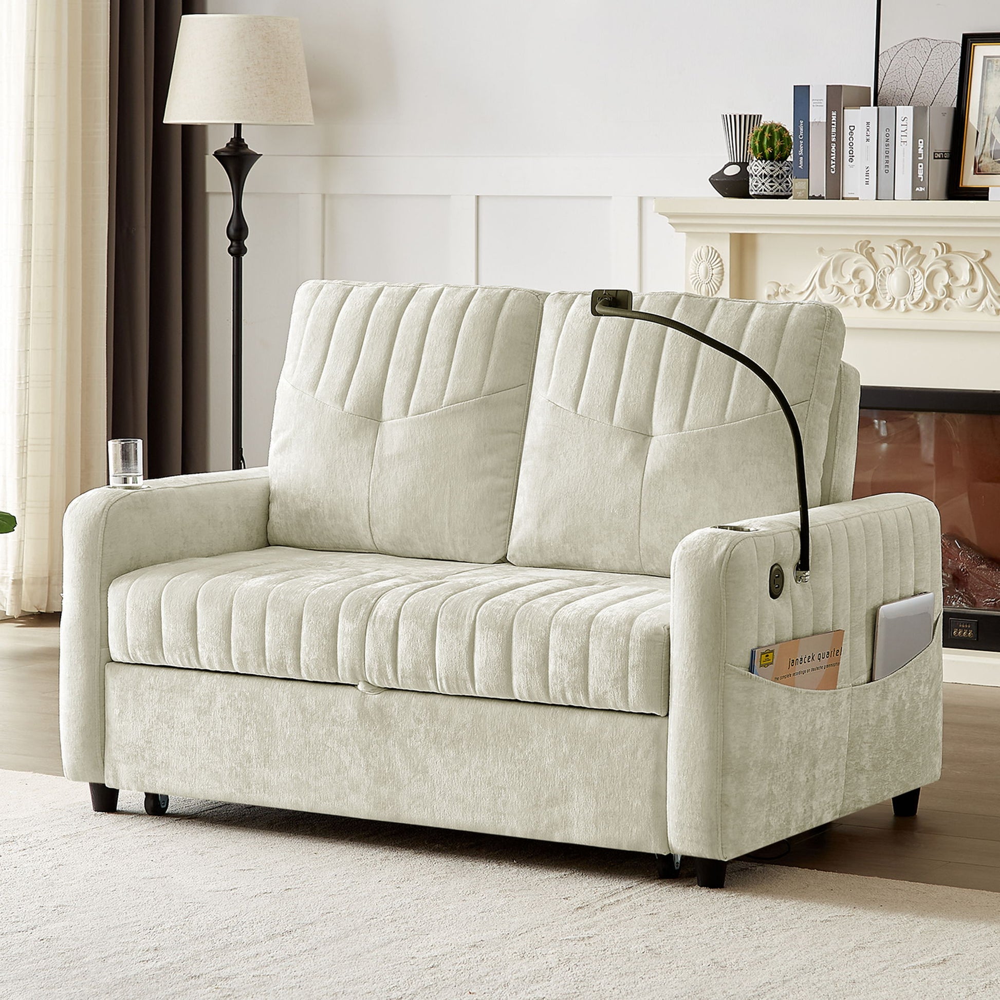 Modern Loveseat Pull Out Sofa Bed With Adjustable Backrest, Two Cup Holders, A Phone Holder, Three Charging Ports And Side Storage Pockets For Living Room - Best Buy Furniture