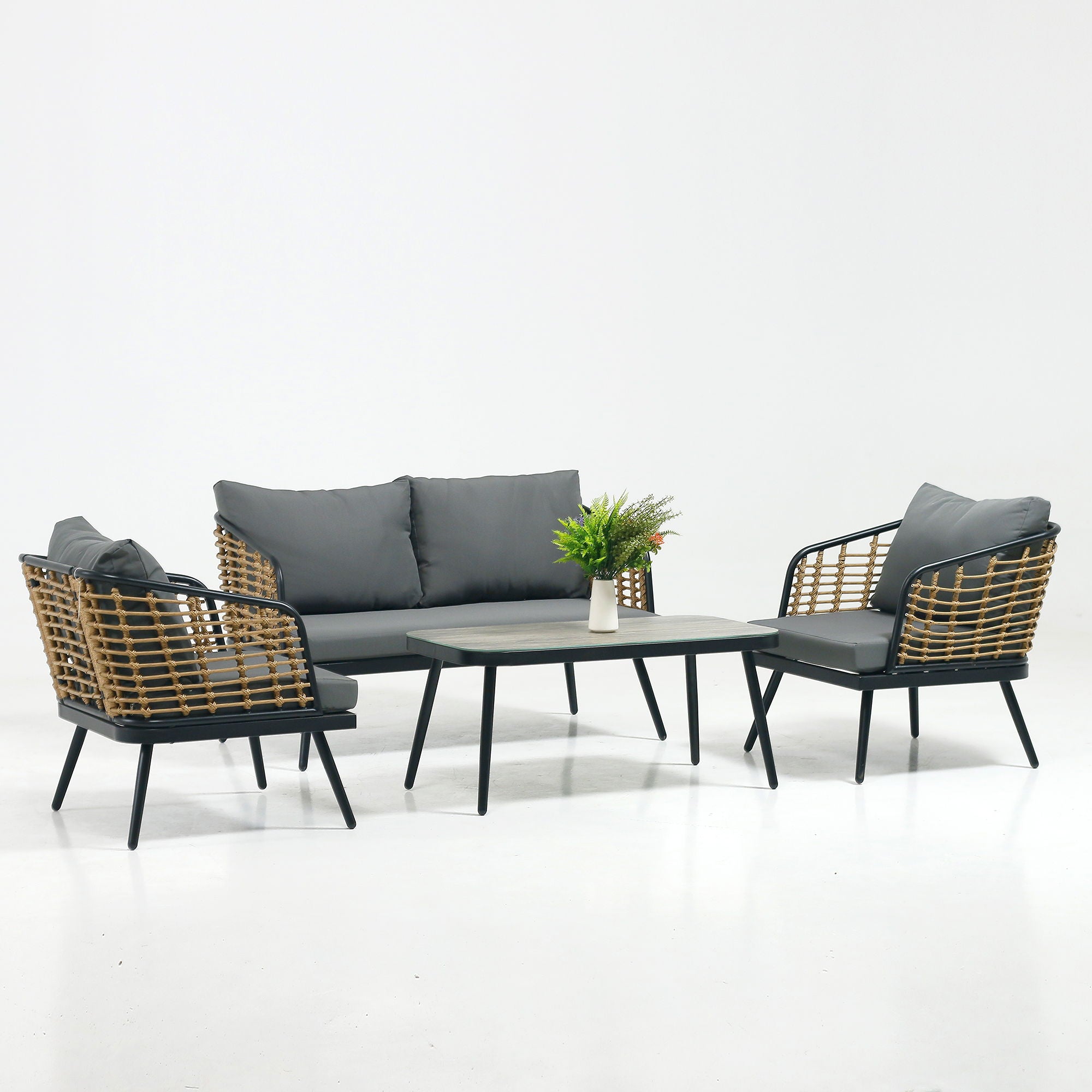 4 Pieces Patio Furniture Set, PE Rattan Wicker With Washable Cushion And Tempered Glass Tabletop, Conversation Furniture For Garden Poolside Balcony - Best Buy Furniture