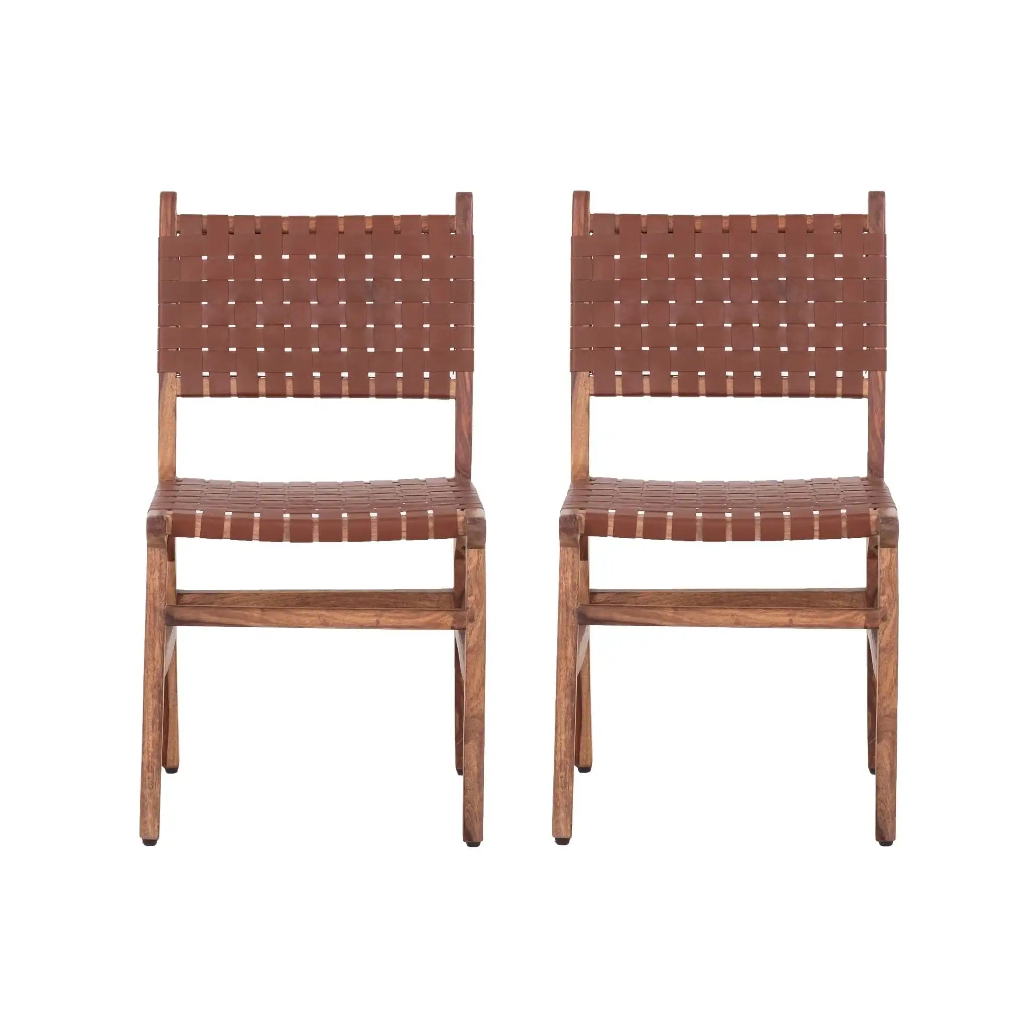 Rustic Wooden Dining Chair (Set of 2) With Genuine Leather Woven Upholstery - Brown - Best Buy Furniture