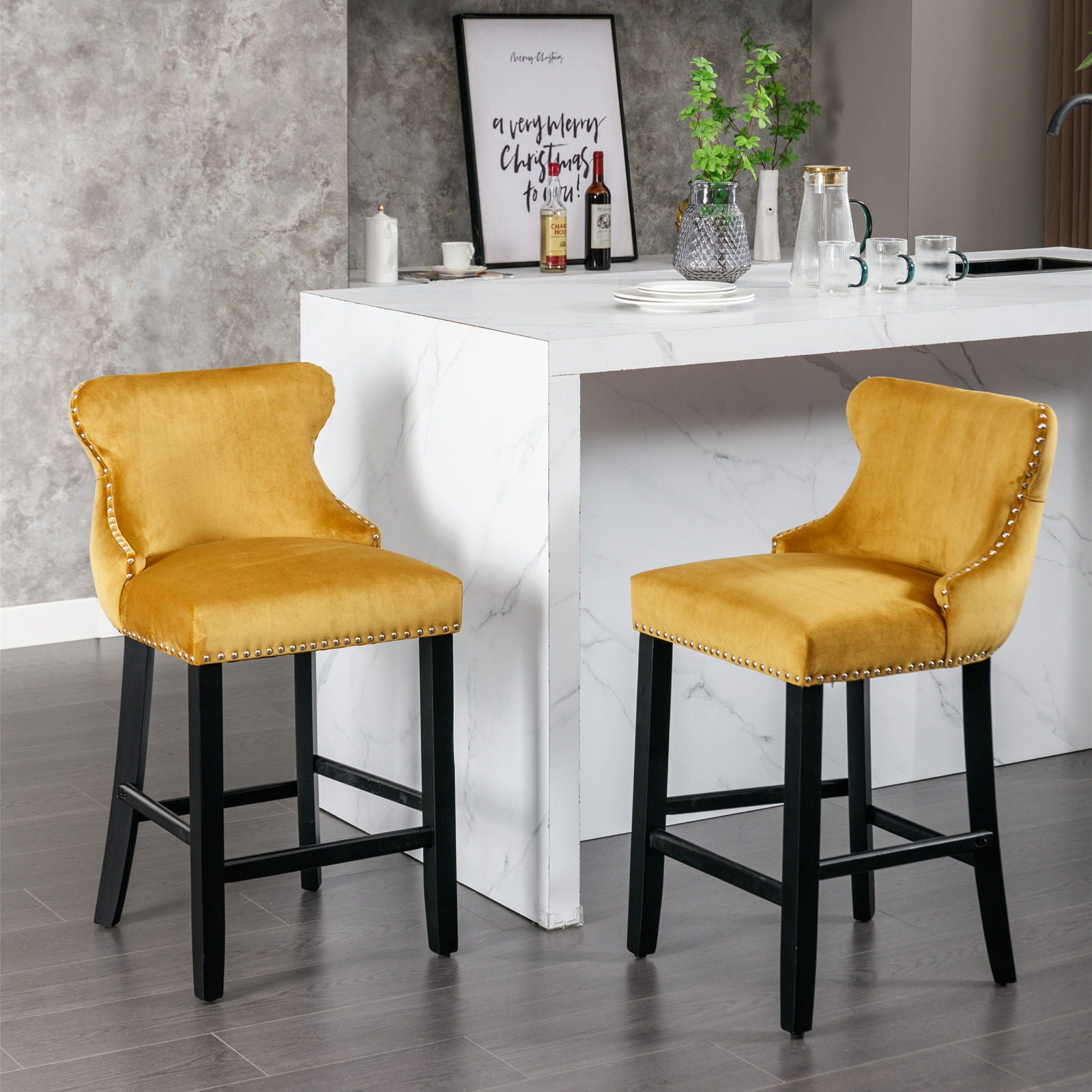 Contemporary Velvet Upholstered Wing-Back Barstools With Button Tufted Decoration And Wooden Legs, And Chrome Nailhead Trim, Leisure Style Bar Chairs, Bar Stools (Set of 2) - Best Buy Furniture