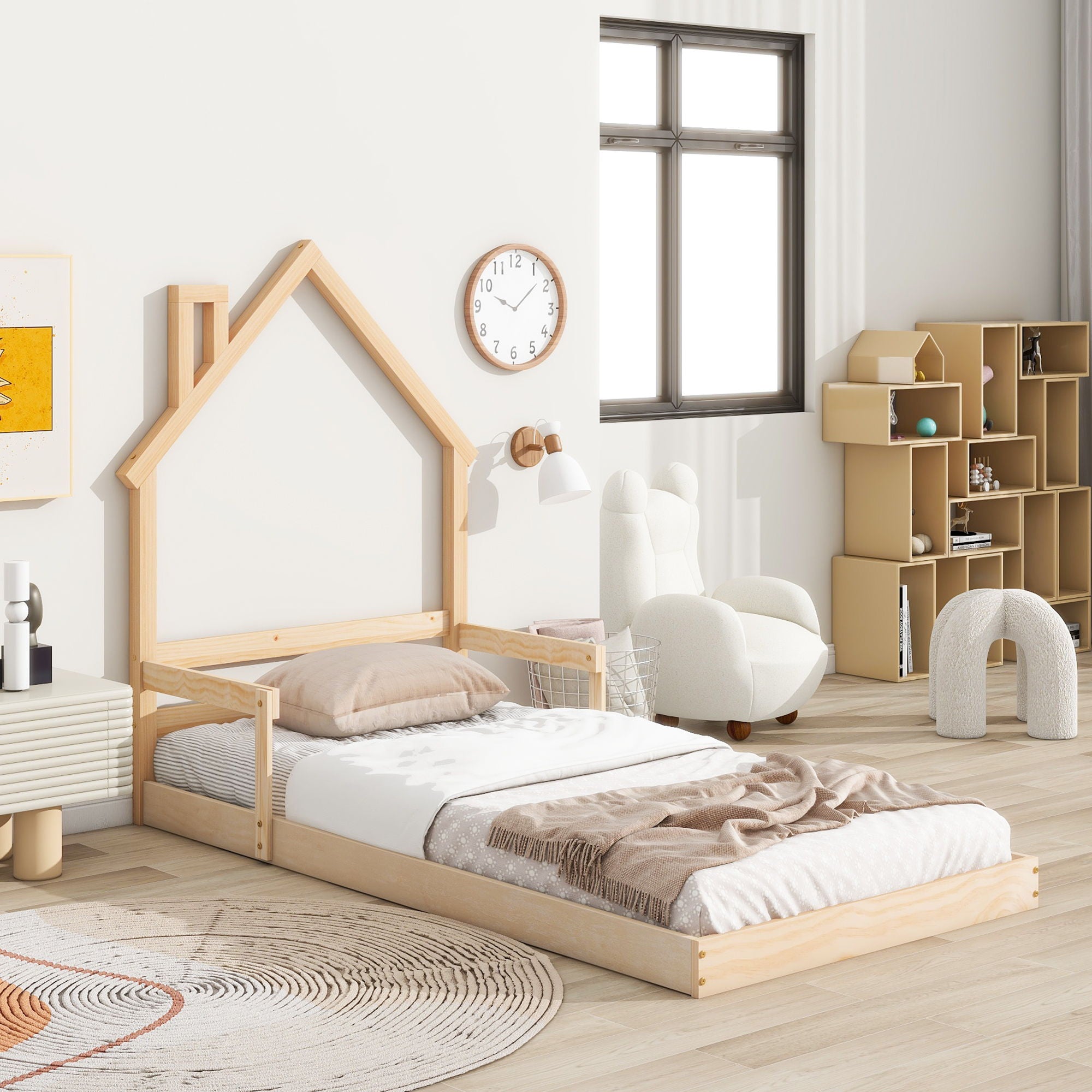 Twin House-Shaped Headboard Floor Bed With Handrails, Slats - Best Buy Furniture