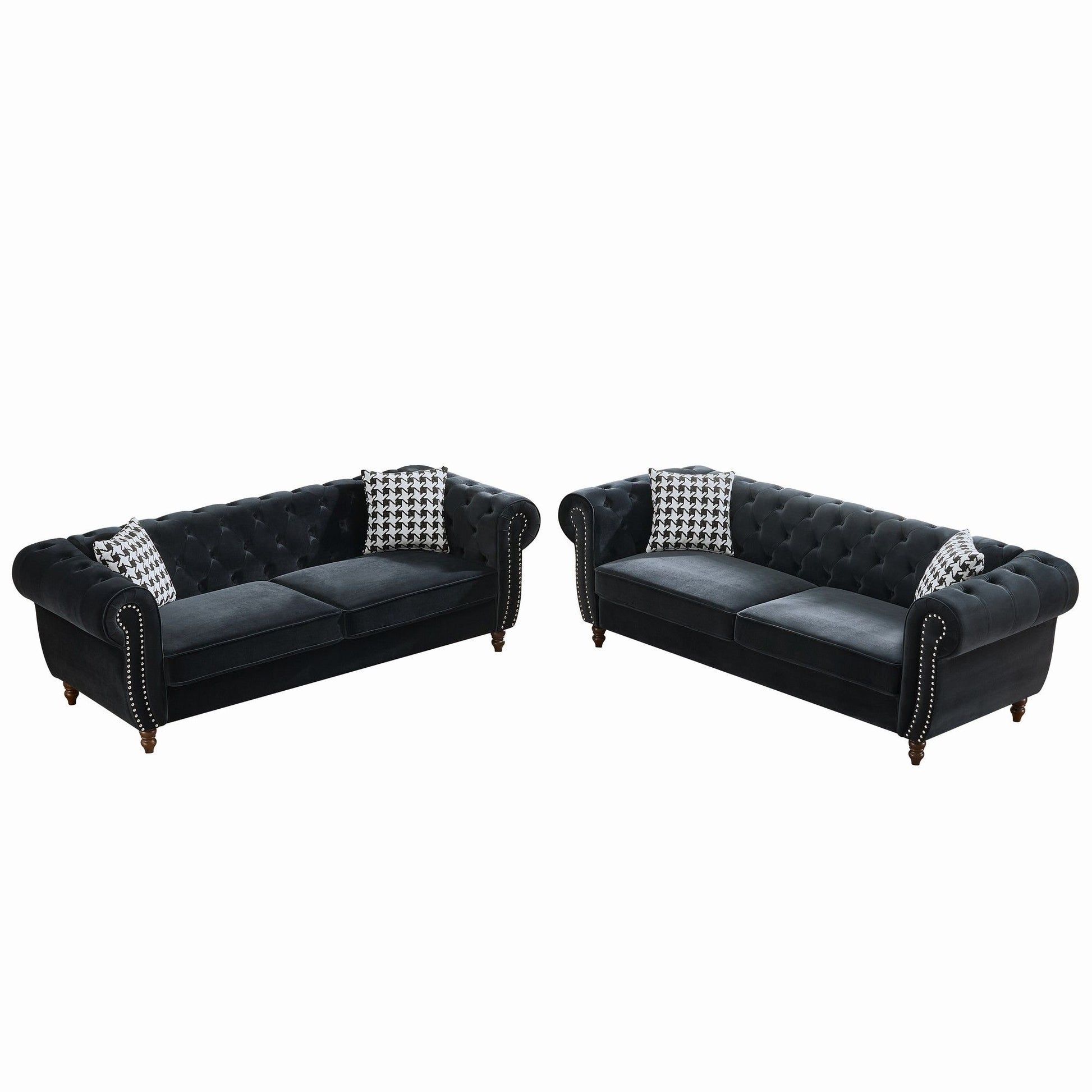 Chesterfield Velvet Upholstery Fabric Sofa With Roll Armrest & Nailhead, Mid Century Modern 3 And 3 Seater Couch - Best Buy Furniture