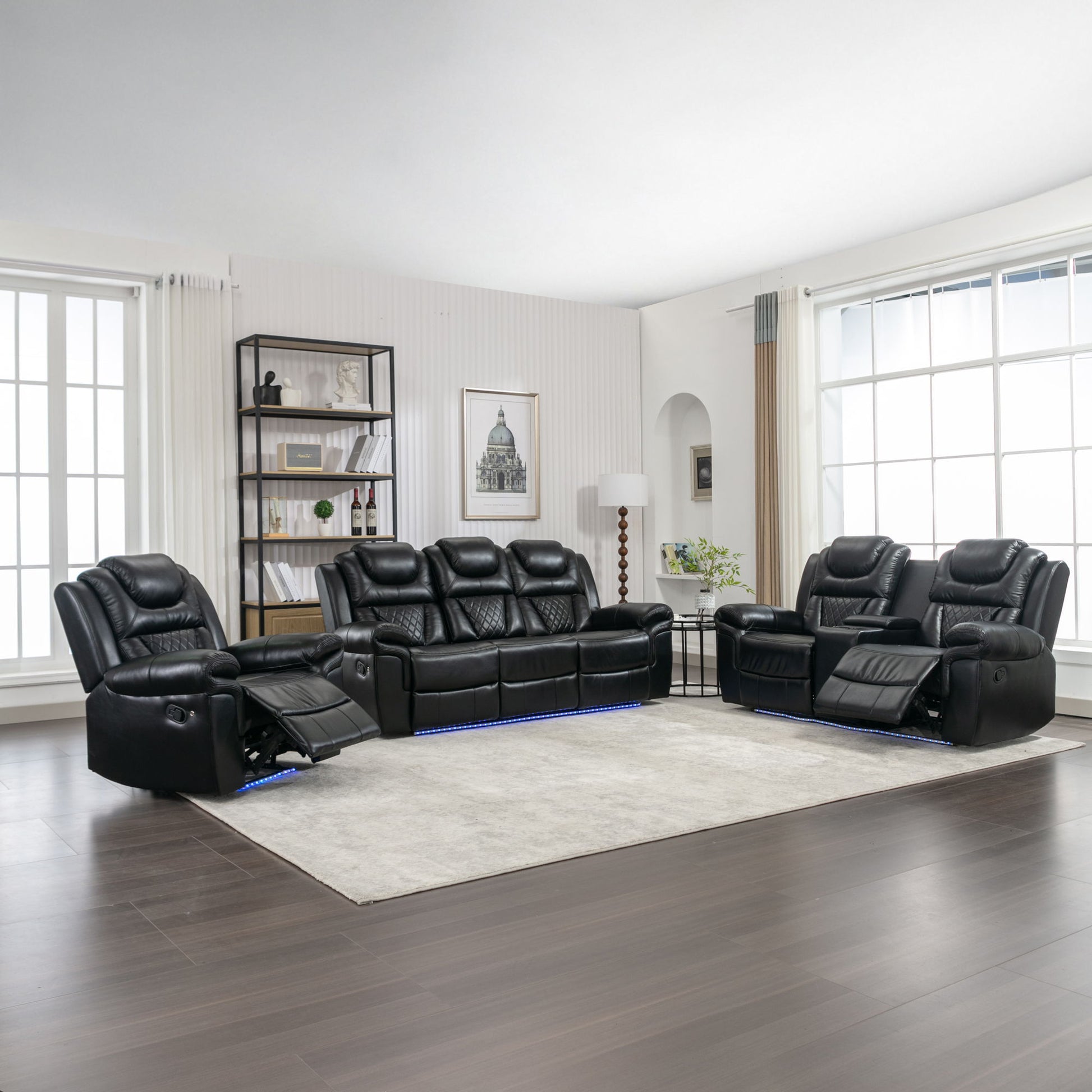 3 Pieces Recliner Sofa Sets Home Theater Seating Manual Recliner Chair With Center Console And LED Light Strip For Living Room - Best Buy Furniture