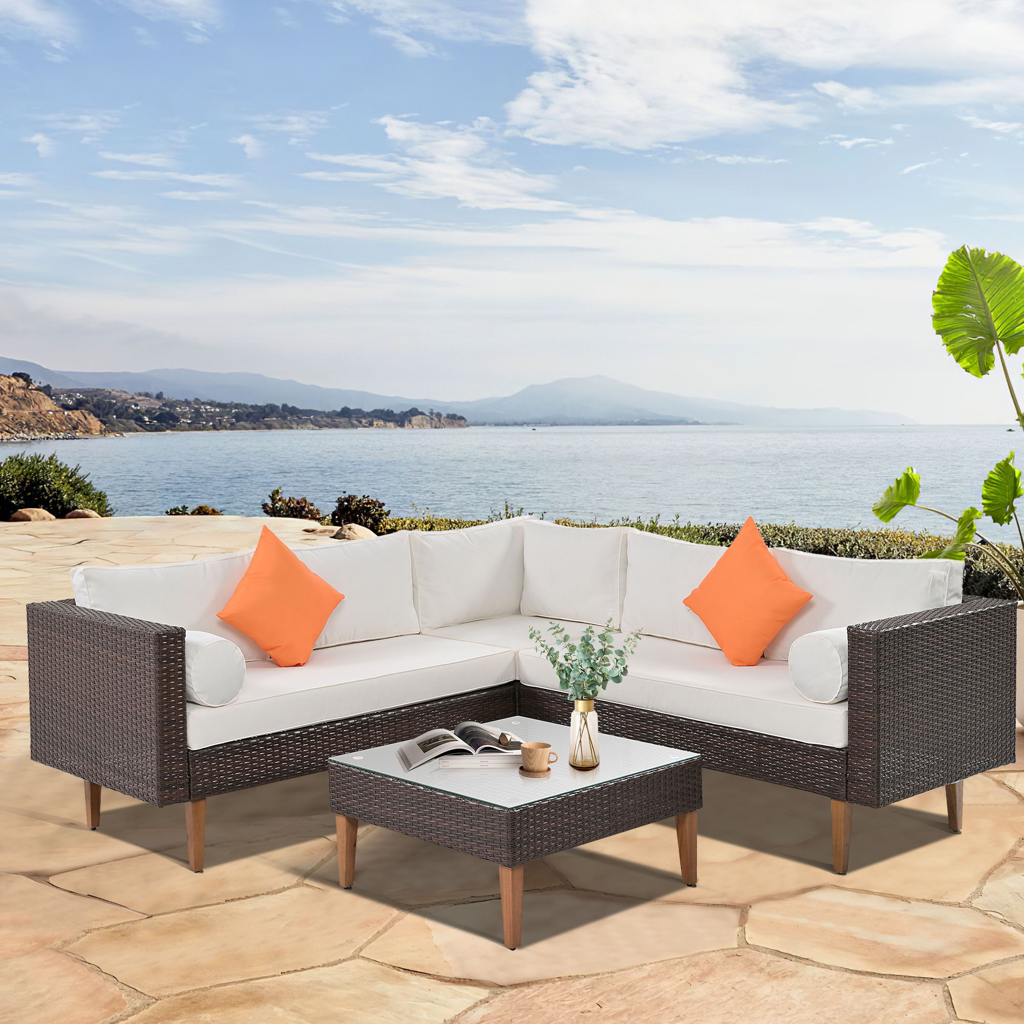 4 Pieces Outdoor Wicker L-Shape Sofa Set - Best Buy Furniture