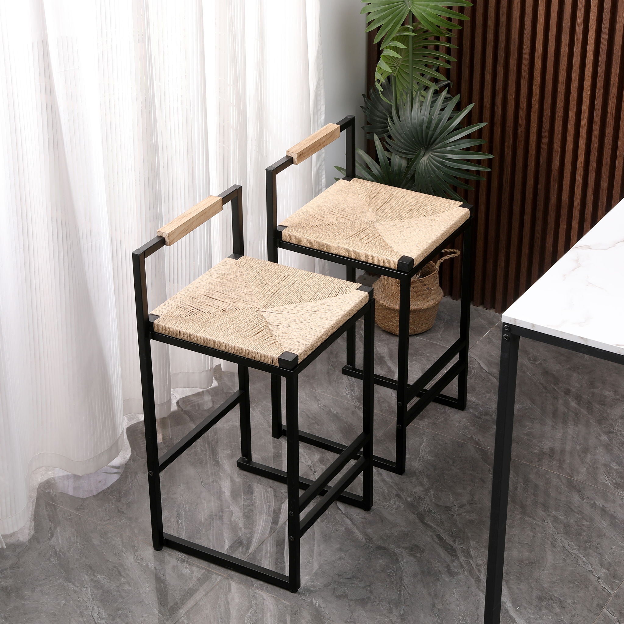 Stylish (Set of 2) Bar Stools With Backrest And Paper Rope Woven Seat, Counter Height Dining Chairs For Kitchen - Natural - Best Buy Furniture
