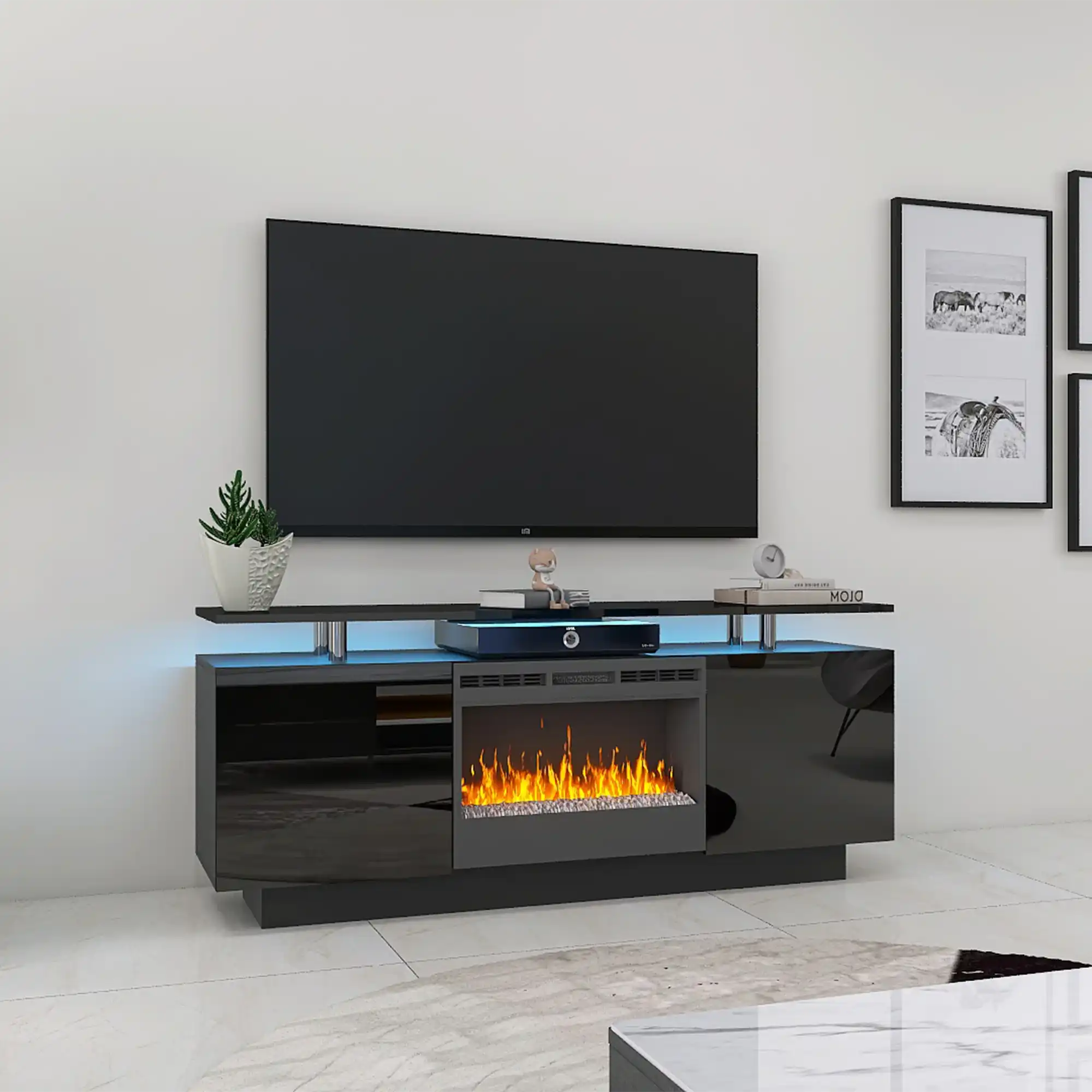 Black Modern Large TV Stand With Fireplace & Heating & LED Light - Best Buy Furniture