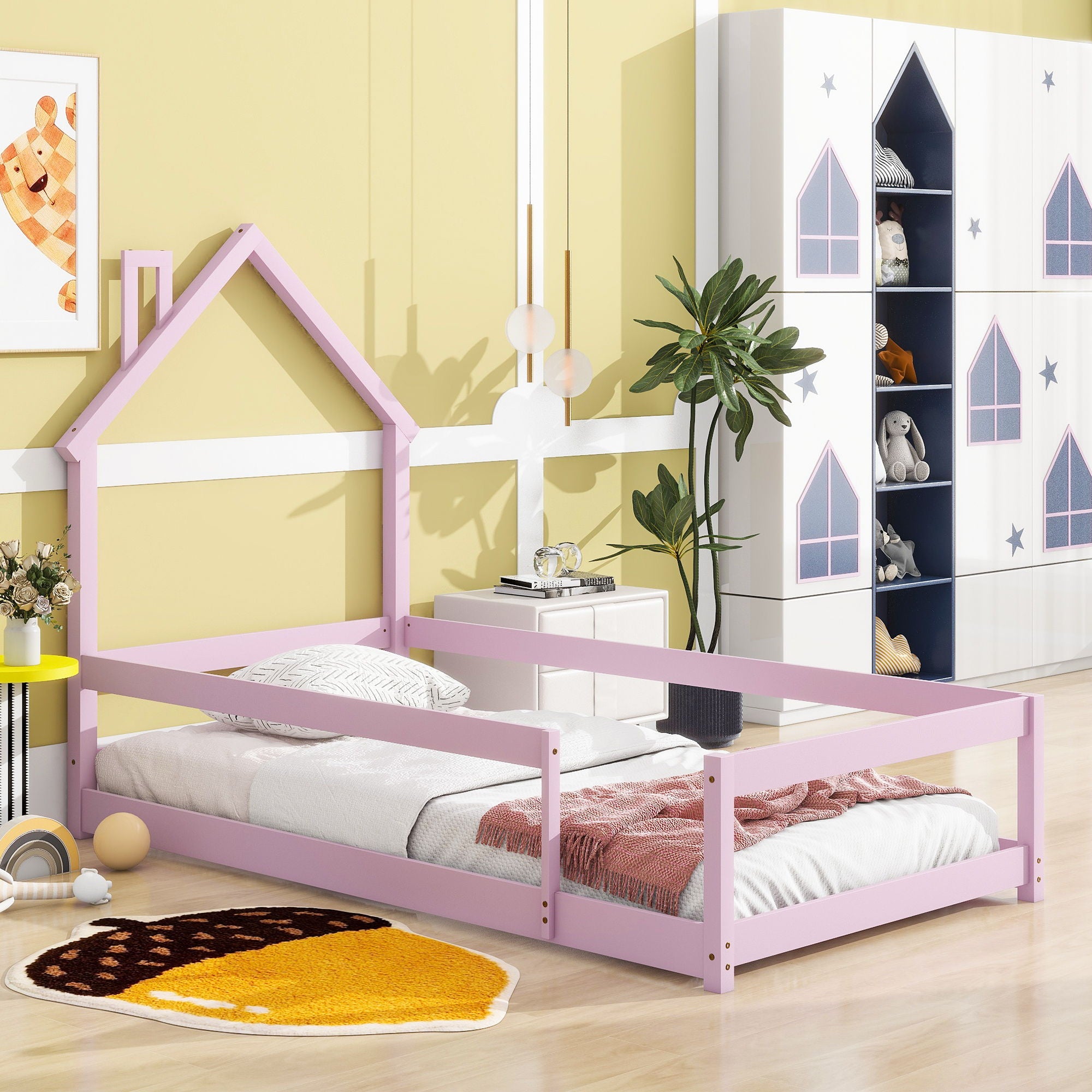 Wood Bed With House Shaped Headboard Floor Bed With Fences - Best Buy Furniture