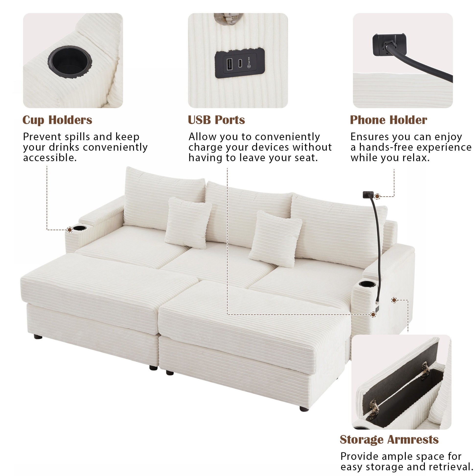 Modern Style Loveseat Sofa Sectional Sofa Couch With Storage Space, A Movable Ottoman, Two USB Ports, Two Cup Holders, A Phone Holder For Living Room - Best Buy Furniture