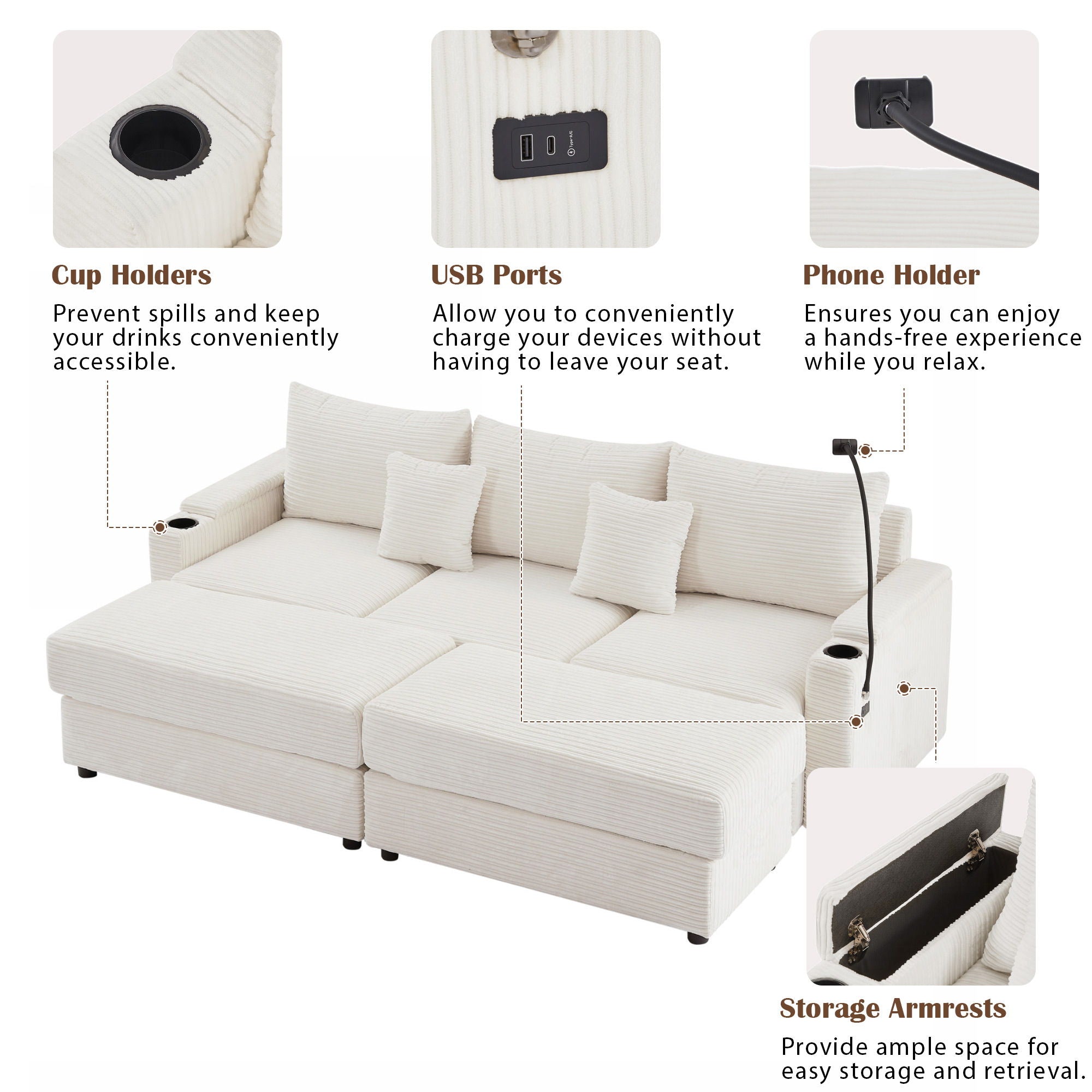 Modern Style Loveseat Sofa Sectional Sofa Couch With Storage Space, A Movable Ottoman, Two USB Ports, Two Cup Holders, A Phone Holder For Living Room - Best Buy Furniture