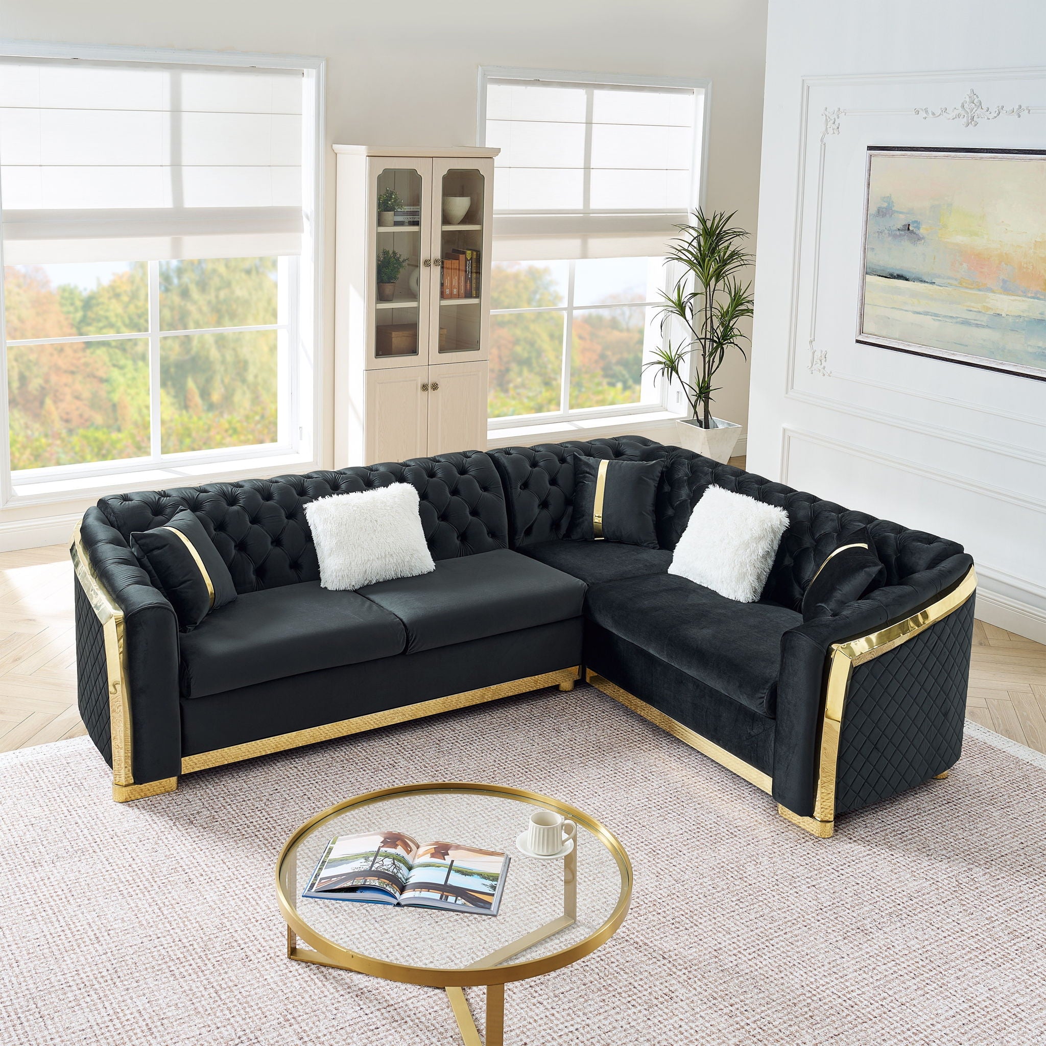 L Shaped Chesterfield Sectional Sofa With Stainless Steel Accents - Best Buy Furniture