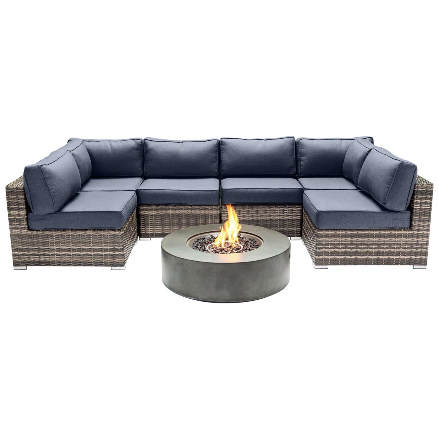 Outdoor 7 Piece Sectional Seating Group With Cushions And Fire Pit - Gray / Navy - Best Buy Furniture
