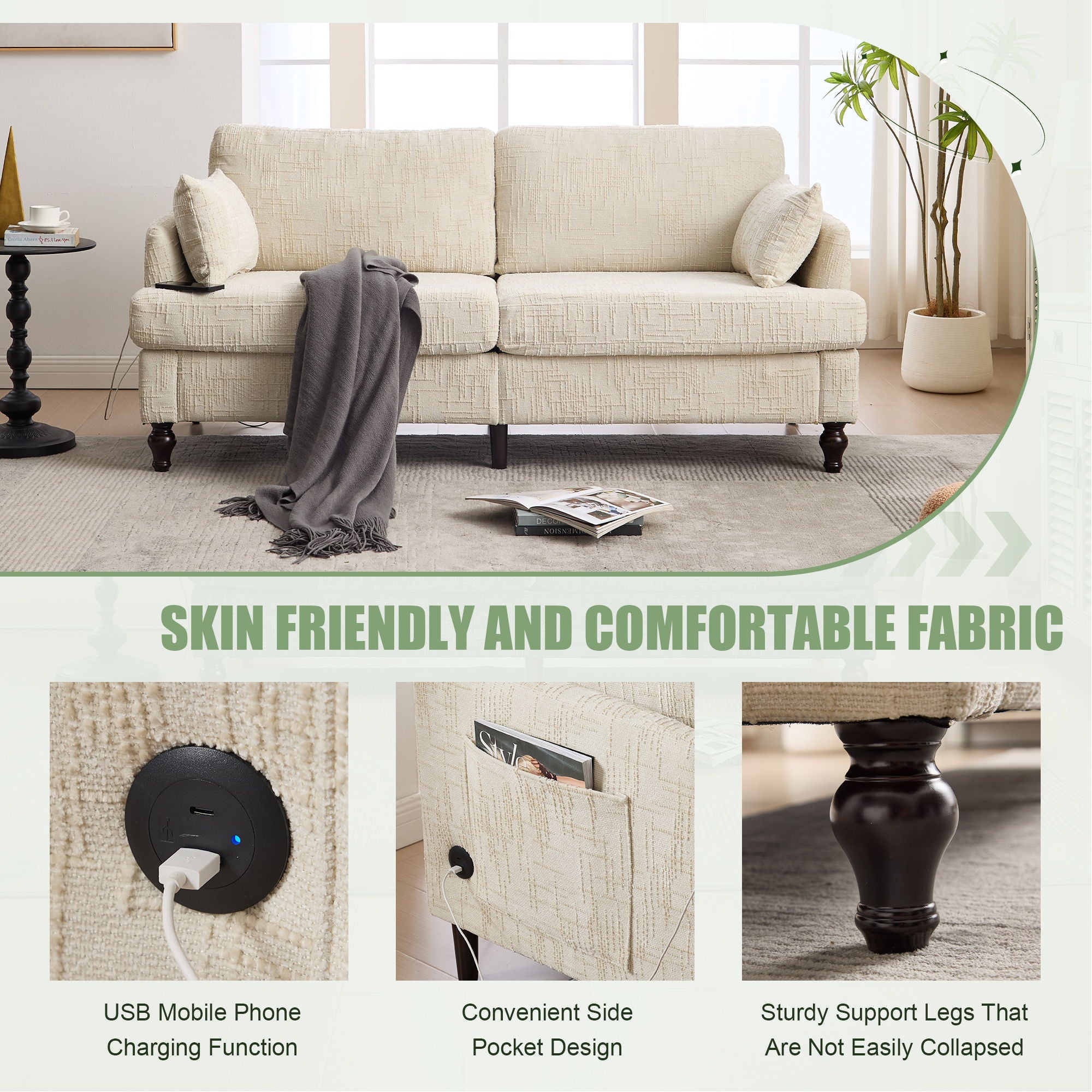 Chenille 2 Seater Sofa With LED Light, USB Charging Port, And Storage Bag - Best Buy Furniture