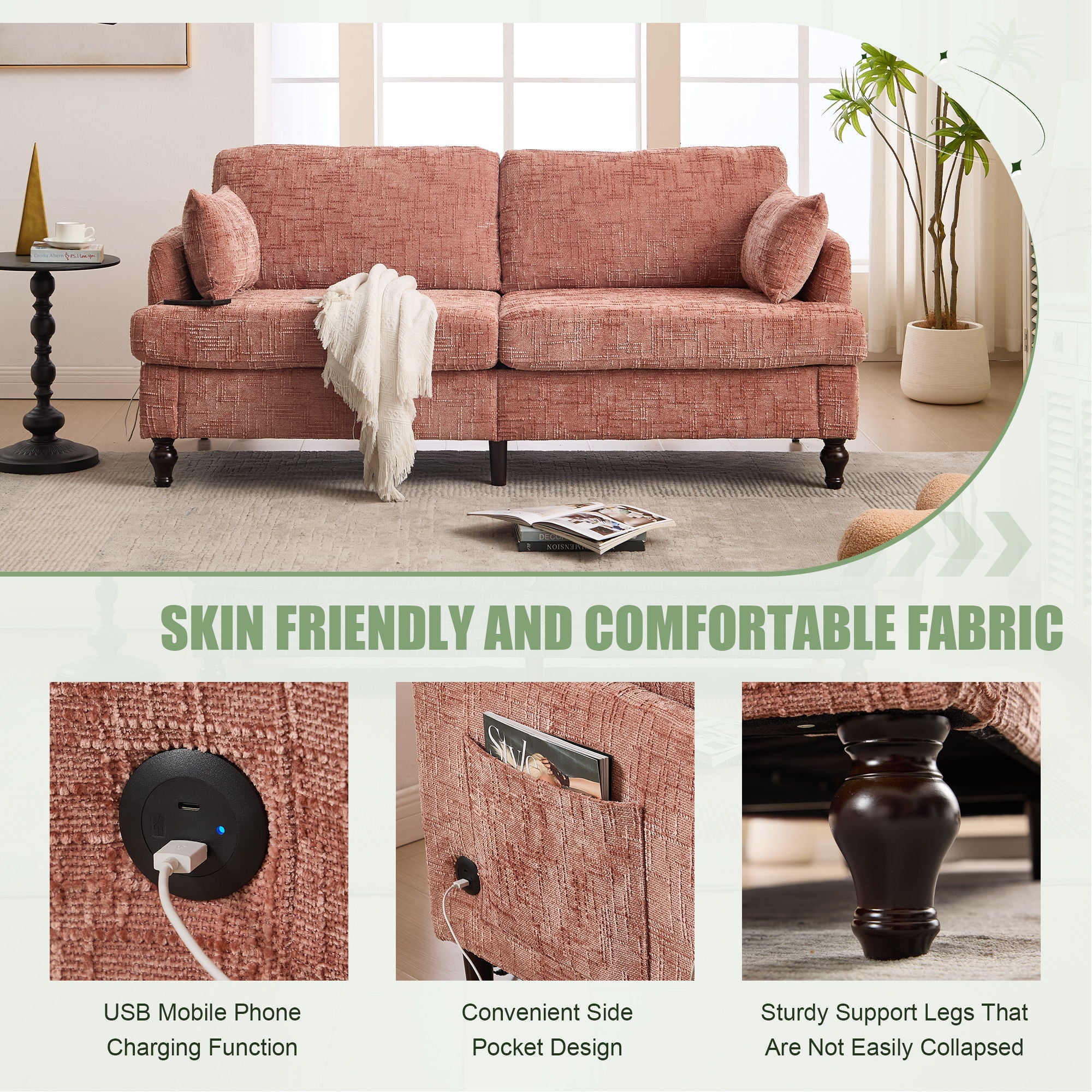 Chenille 2 Seater Sofa With LED Light, USB Charging Port, And Storage Bag - Best Buy Furniture