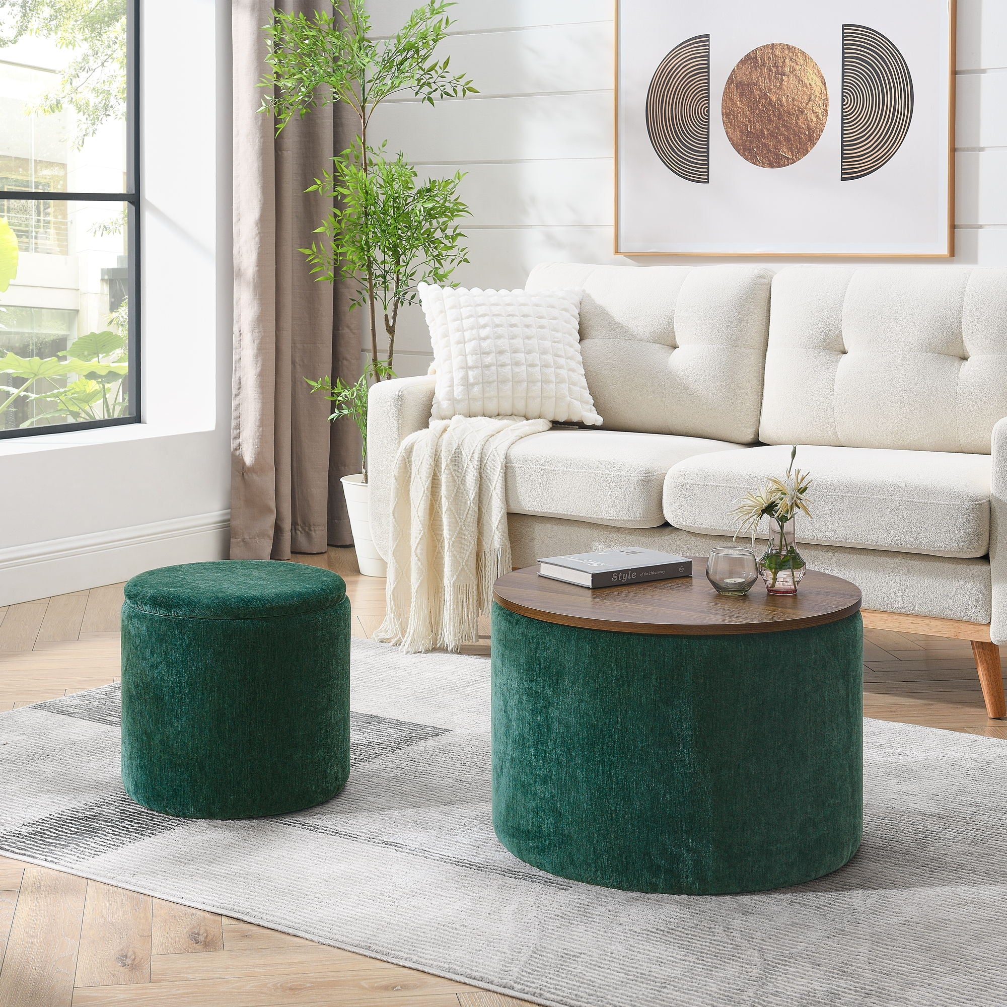 Classic 2 Piece Round Storage Ottoman Set With Drum Shaped Stool - Best Buy Furniture