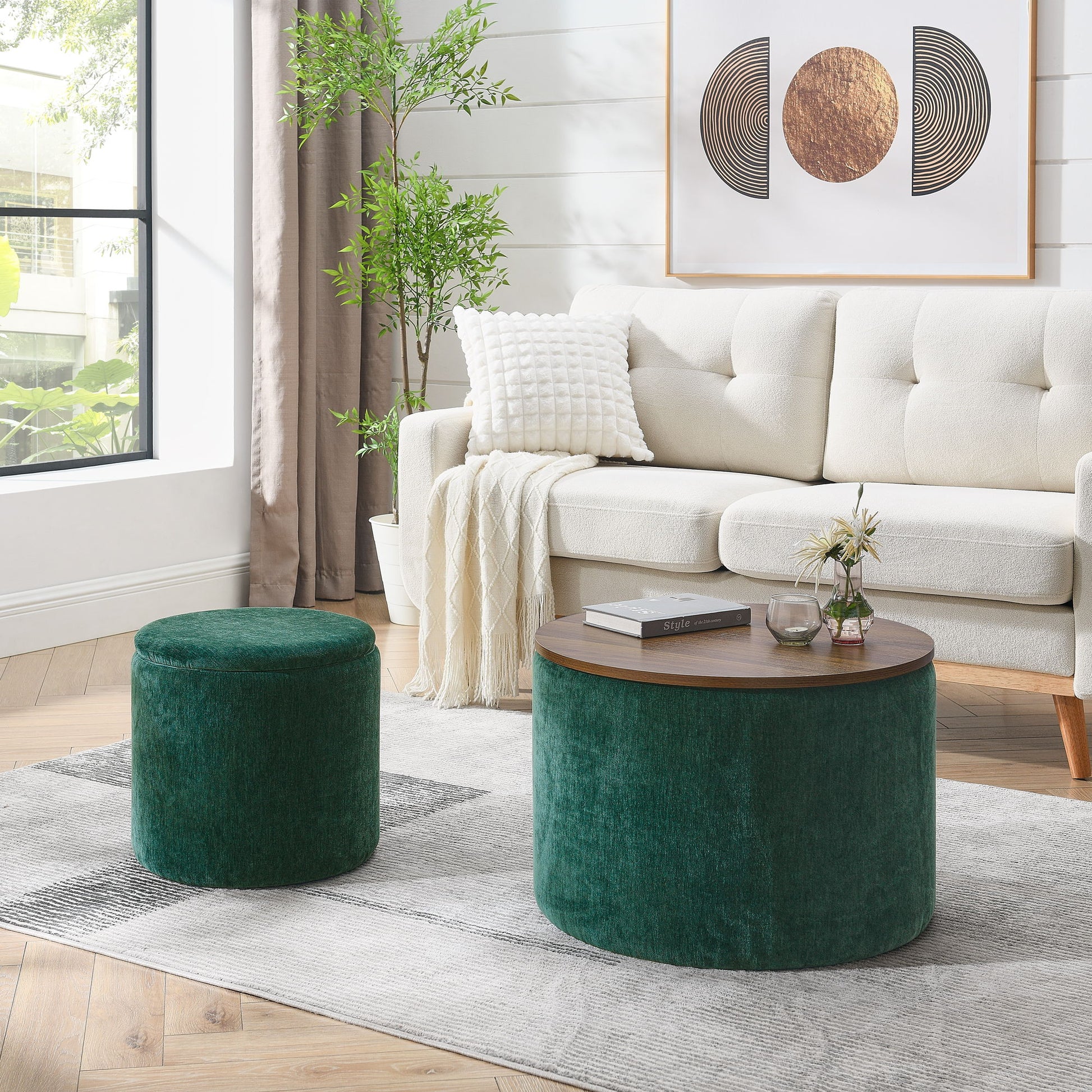 Classic 2 Piece Round Storage Ottoman Set With Drum Shaped Stool - Best Buy Furniture