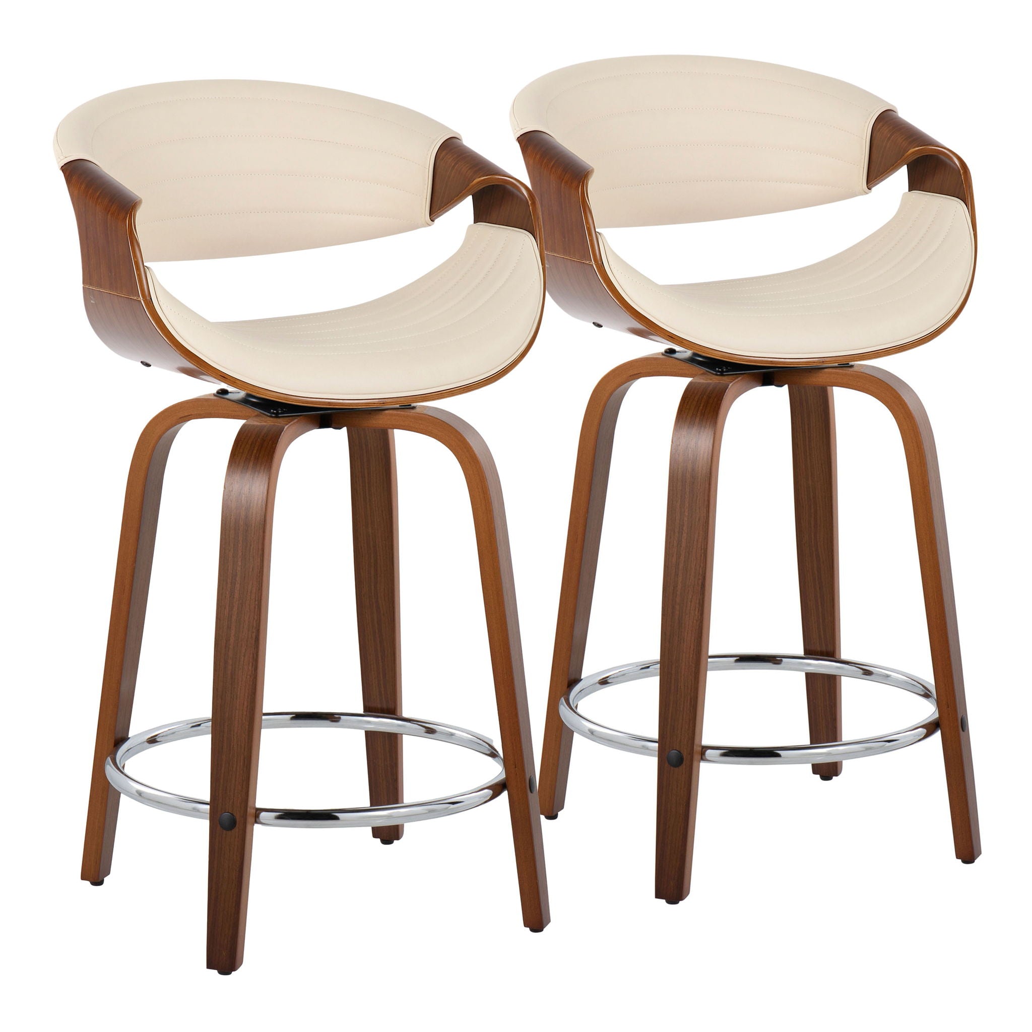 Symphony - Mid-Century Modern Fixed Height Counter Stool With Swivel And Round Footrest (Set of 2) - Walnut / Cream - Best Buy Furniture