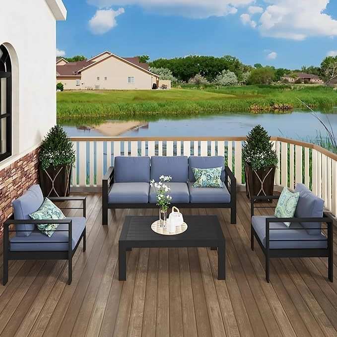 3-Seater Aluminum Patio Sofa, All-Weather Outdoor Couch, Blue Cushion - Best Buy Furniture