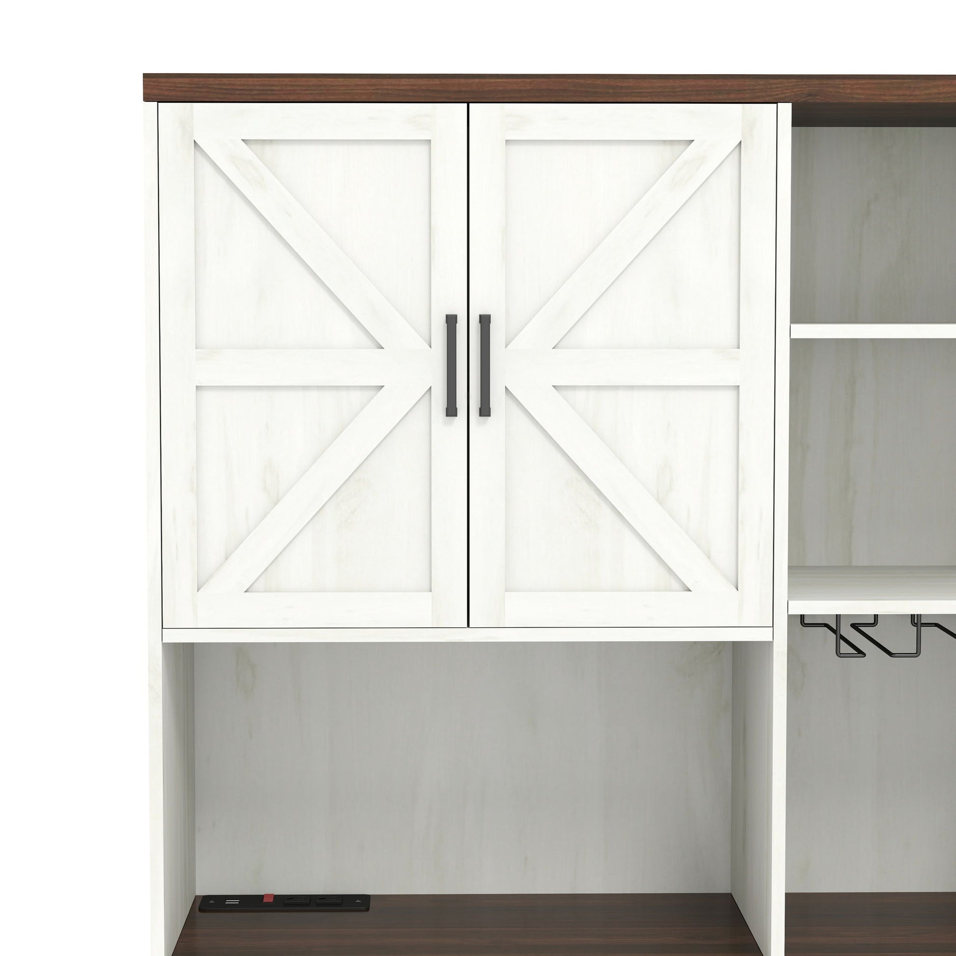 Farmhouse Kitchen Pantry Sideboard With Cabinet And Drawer, Multi Functional Kitchen Buffet With Hutch And Glass Holder, Microwave Stand With Charging Station - Brown / Antique White - Best Buy Furniture