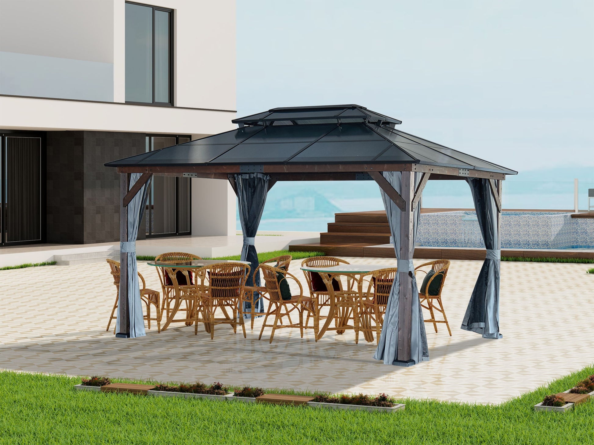 10' x 13' Hardtop Wood Gazebo For Patios, Outdoor Framed Gazebo With Polycarbonate Double Roof Canopy, Solid Wooden Framed Gazebo With Privacy Curtains And Mosquito Nettings For Garden, Backyard - Black - Best Buy Furniture