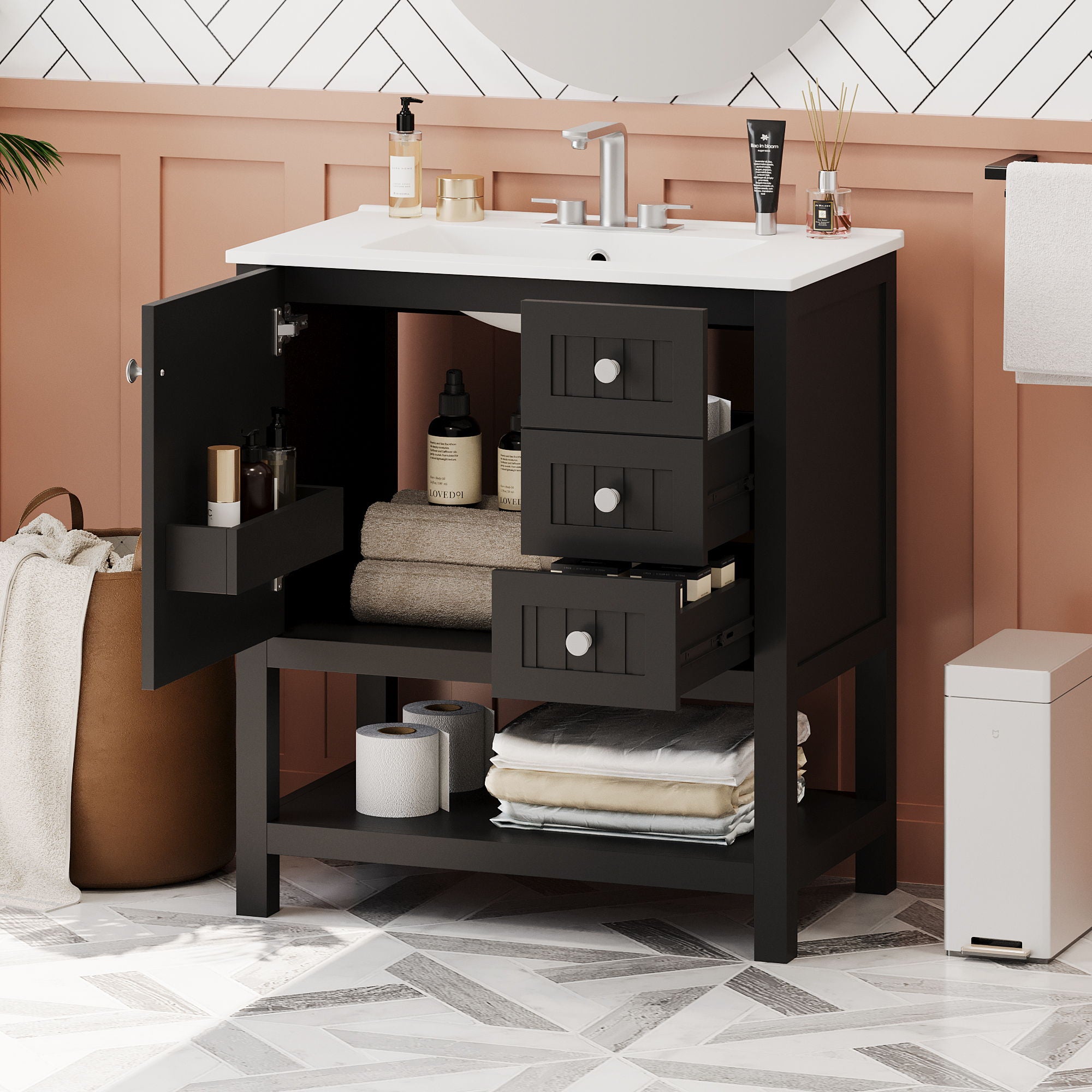 Transitional Style Bathroom Vanity Cabinet Combo With Ceramic Sink - Best Buy Furniture