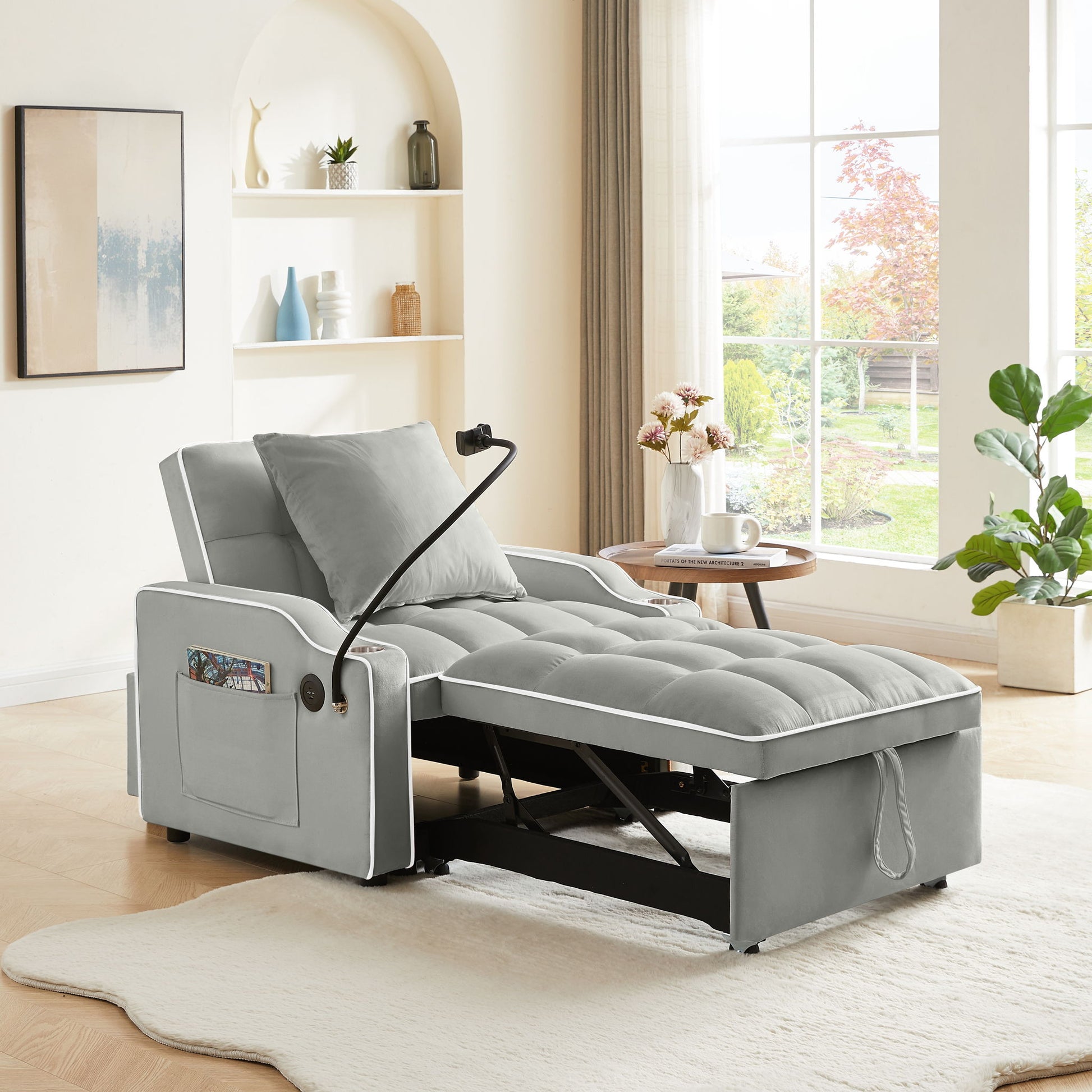 Convertible Velvet 3 In 1 Sofa Bed With Adjustable Sleeper Chair And Multi Pockets - Best Buy Furniture