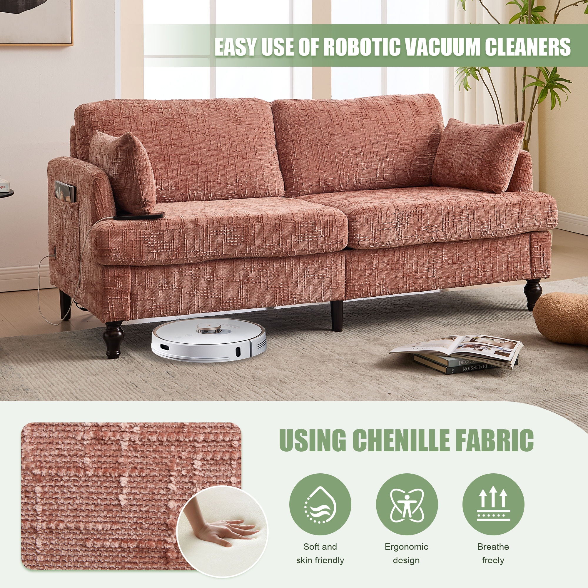 Chenille 2 Seater Sofa With LED Light, USB Charging Port, And Storage Bag - Best Buy Furniture