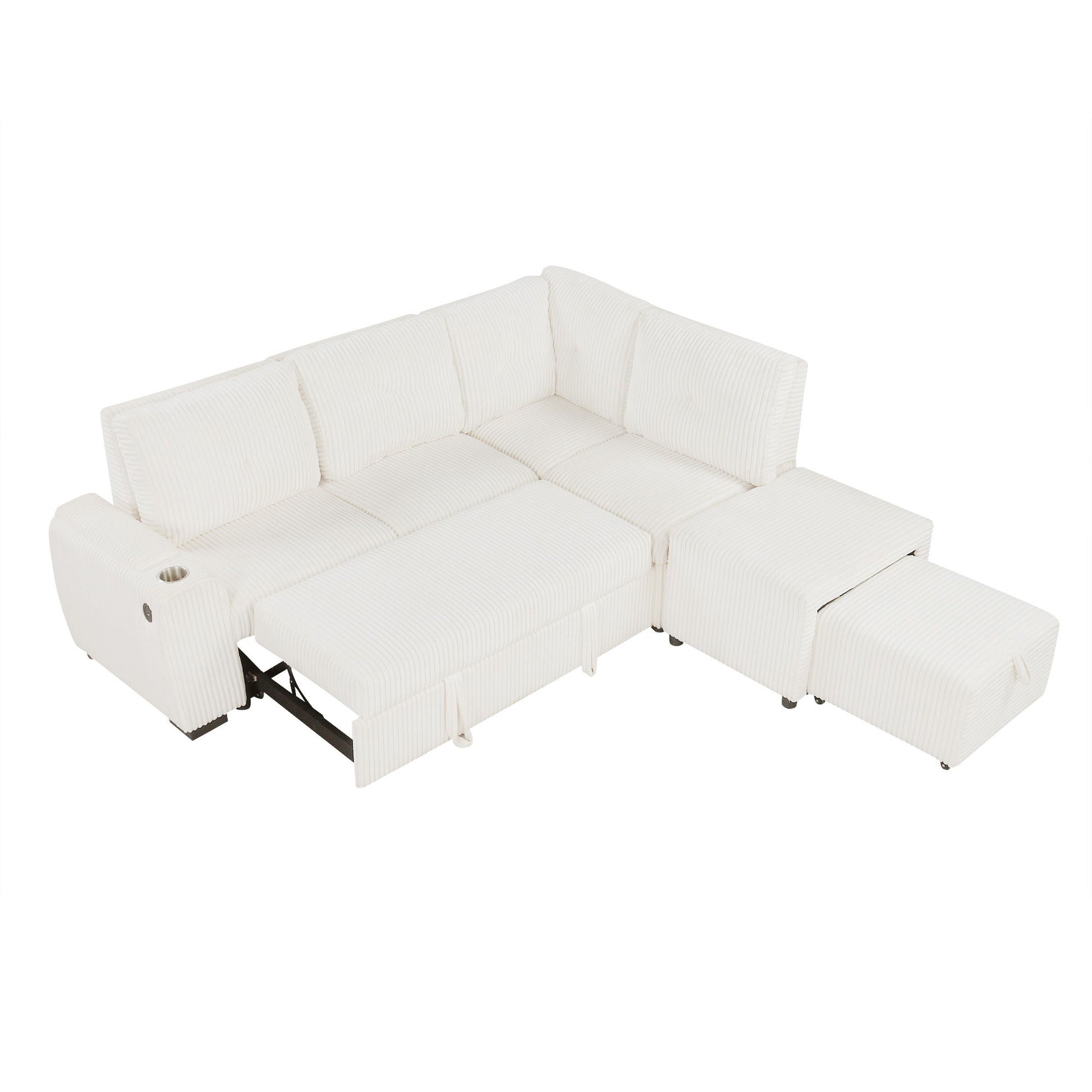 Pull-Out L-Shaped Sectional Sofa With Movable Ottoman And Stool, Large Storage Space, A Cup Holder, And 2 USB Ports For Living Room - Best Buy Furniture