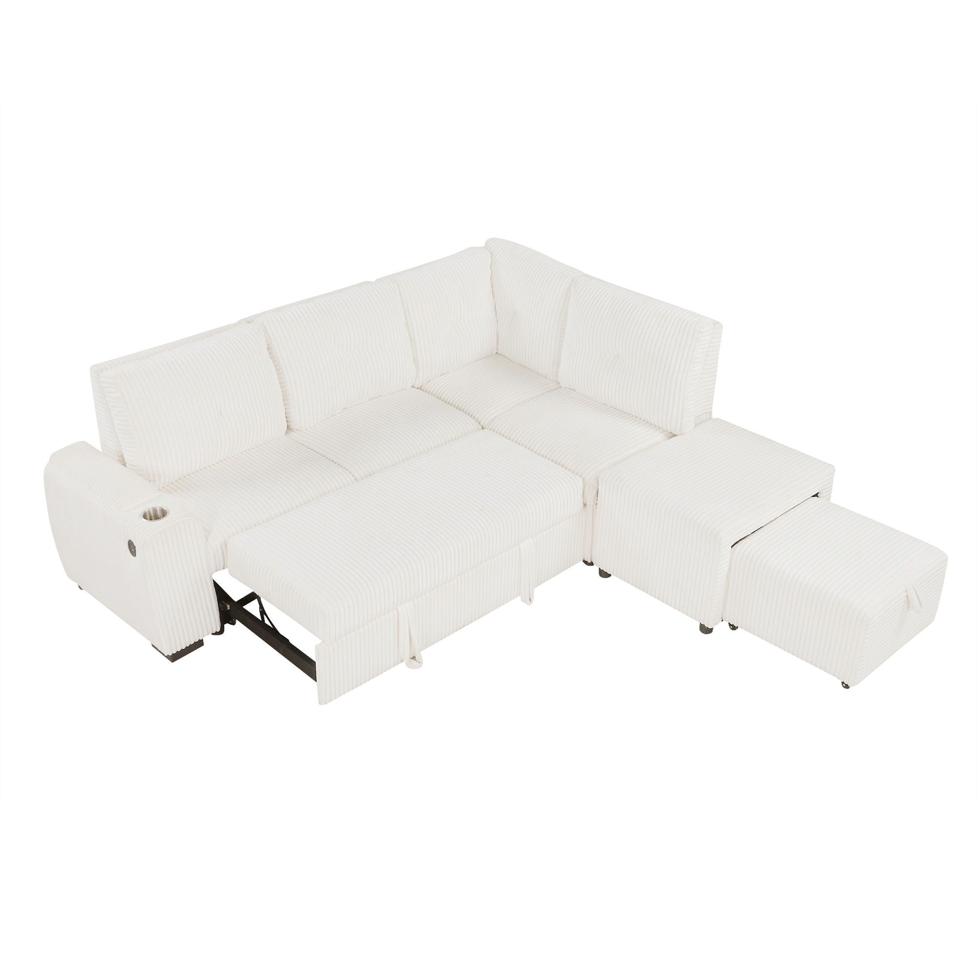 Pull-Out L-Shaped Sectional Sofa With Movable Ottoman And Stool, Large Storage Space, A Cup Holder, And 2 USB Ports For Living Room - Best Buy Furniture