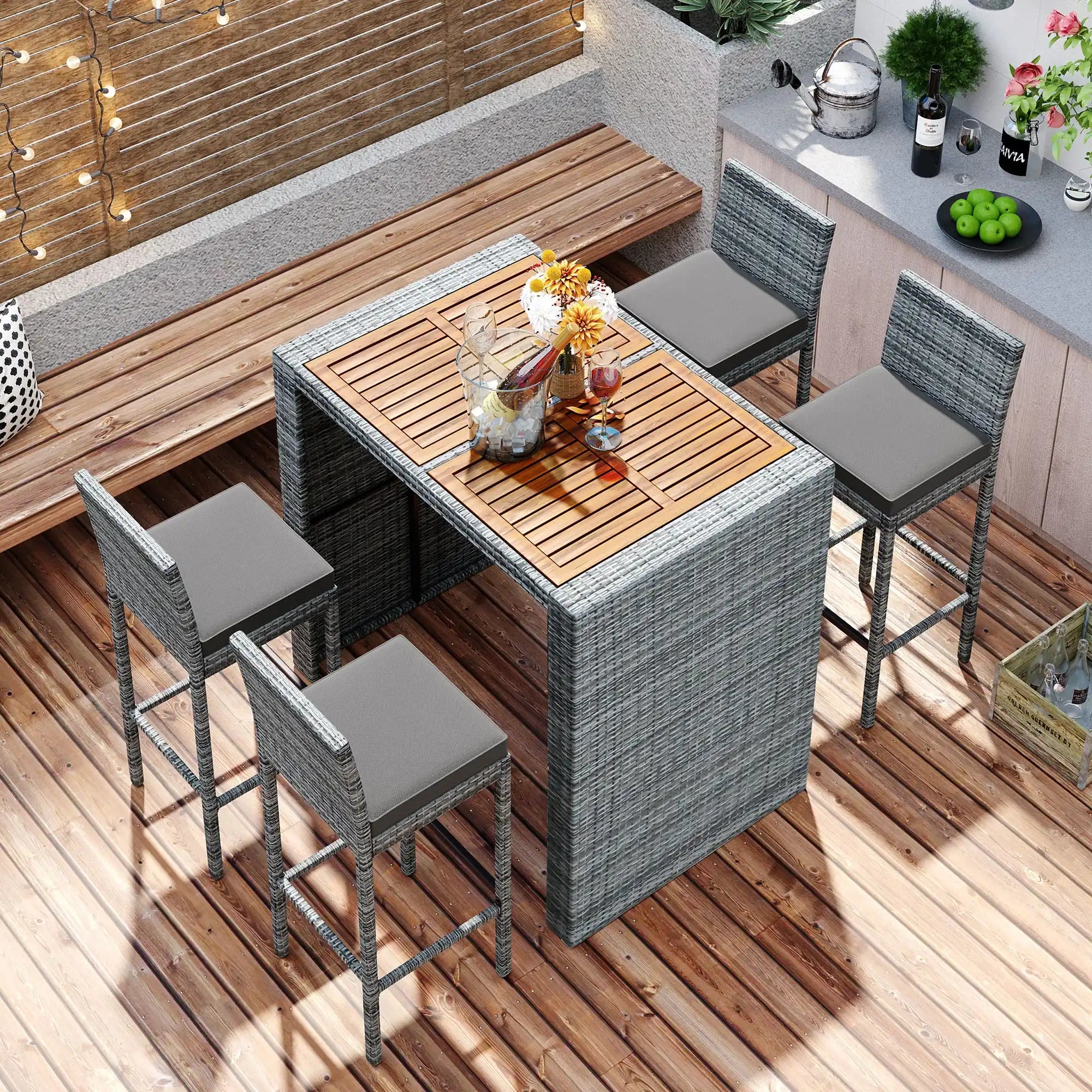 5 Piece Outdoor Wicker Bar Set with Acacia Wood Table, Brown & Gray - Best Buy Furniture
