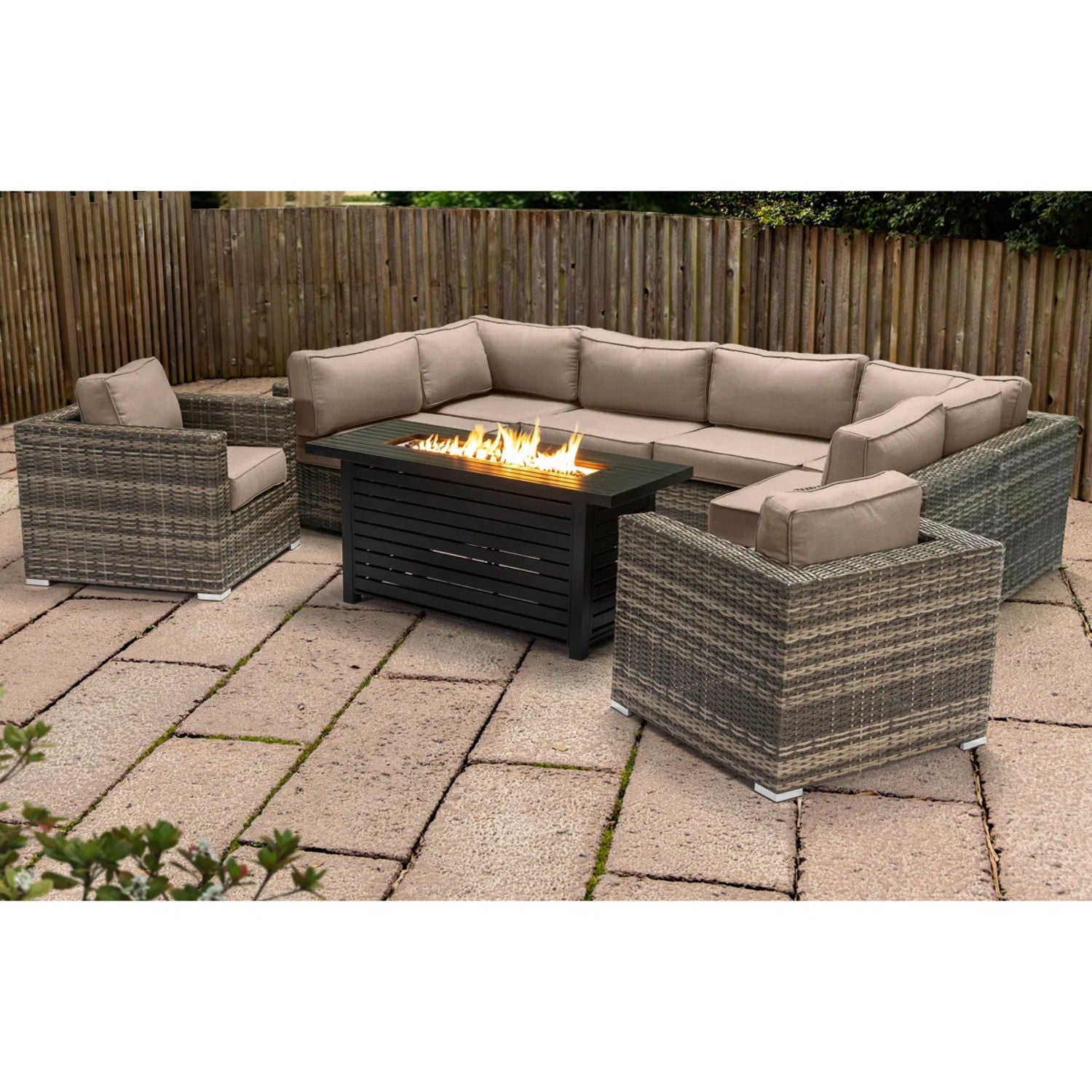 9 Piece Outdoor Sectional Set With Fire Pit Table And Cushions - Beige - Best Buy Furniture