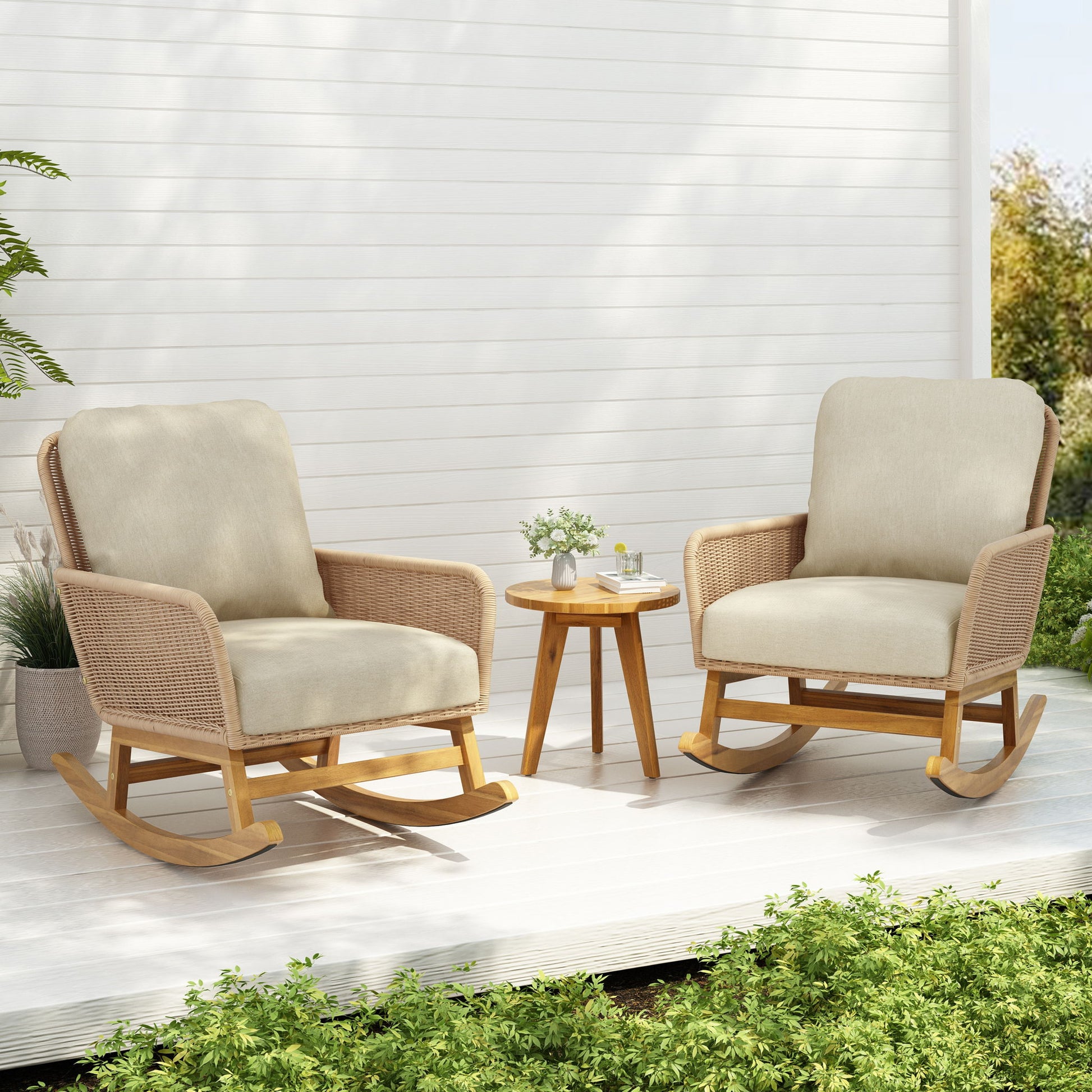 Modern 3 Piece Outdoor Seating Set With Cushioned Rattan Rocking Chairs And Wooden Accent Table - Best Buy Furniture