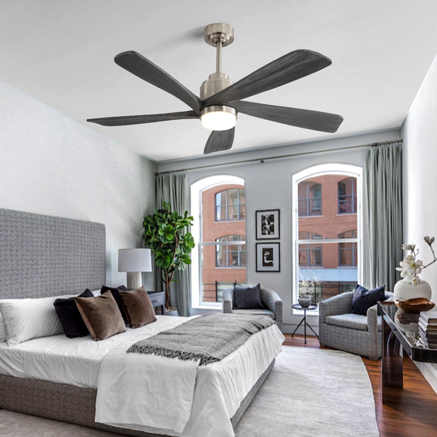 Modern Ceiling Fan With Dimmable LED Light 5 Solid Wood Blades Remote Control Reversible Dc Motor With Smart App Control - Nickel - Best Buy Furniture