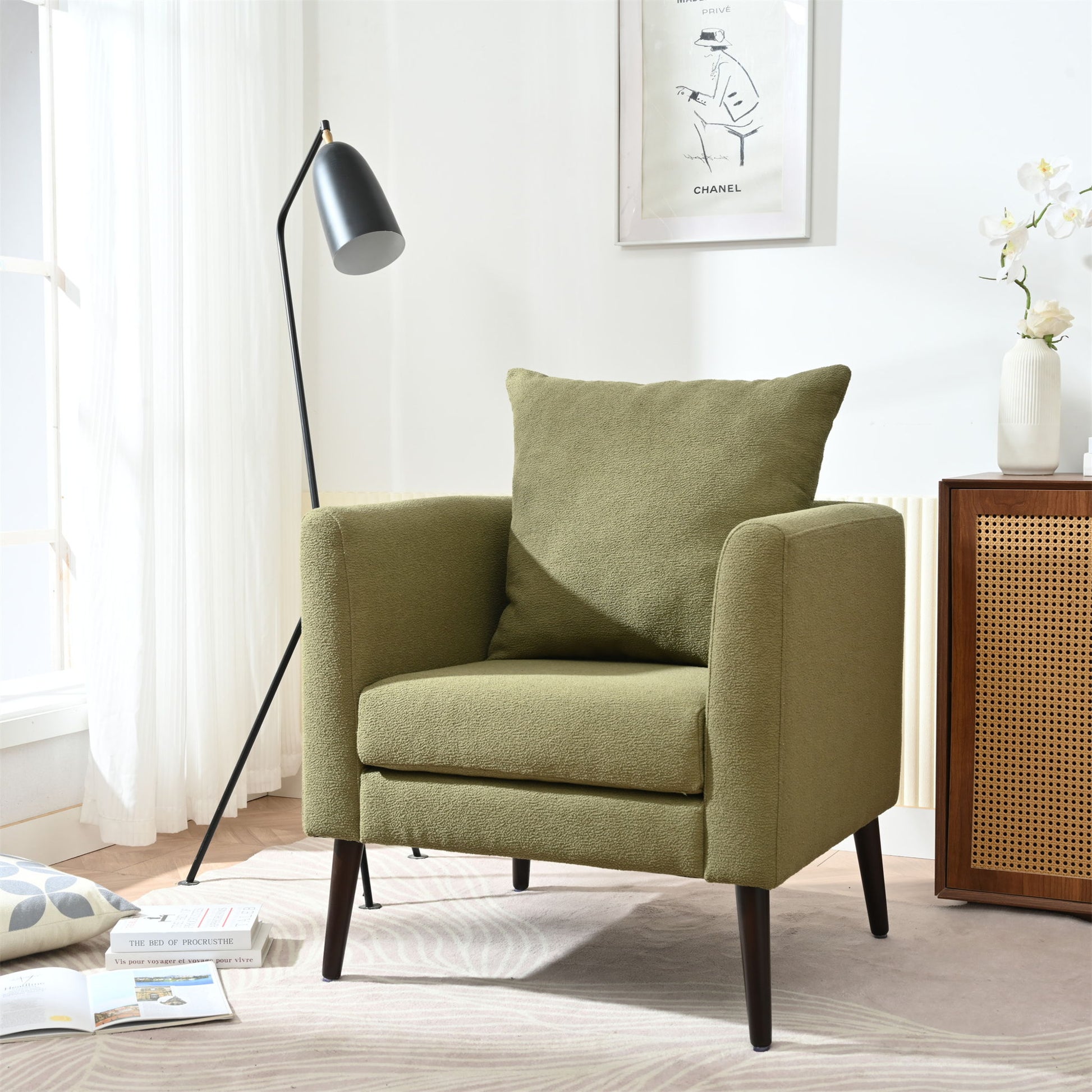 Barrel Chair, Modern Accent Chair, Fabric Armchair Club Chair, Upholstered Arm Chair With Solid Wood Legs, Waist Pillow, Padded Single Chair For Living Room / Bedroom / Study / Waiting Room - Olive Green - Best Buy Furniture