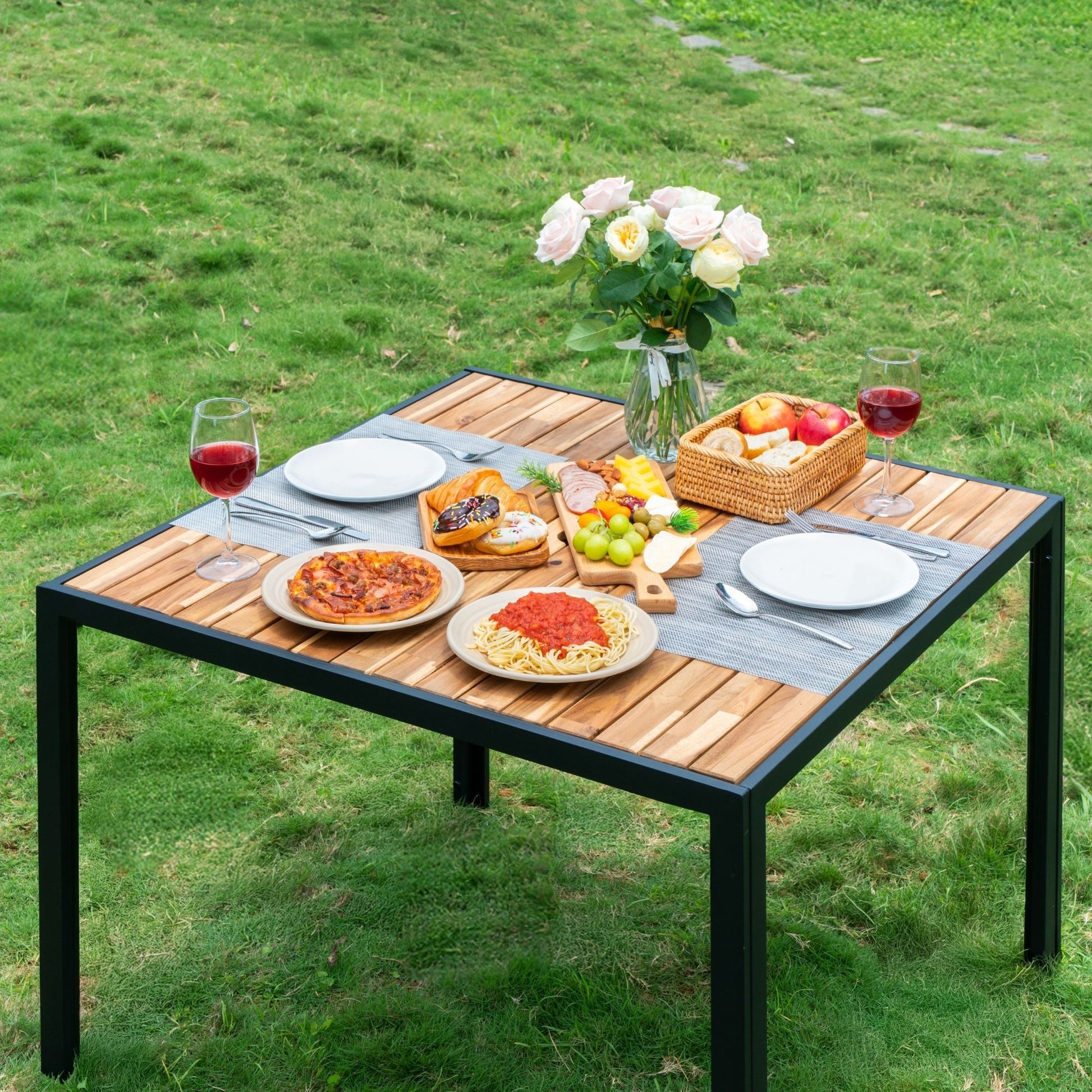 5 Piece Patio Dining Table Set, Acacia Wood Table Top With Umbrella Hole - Best Buy Furniture