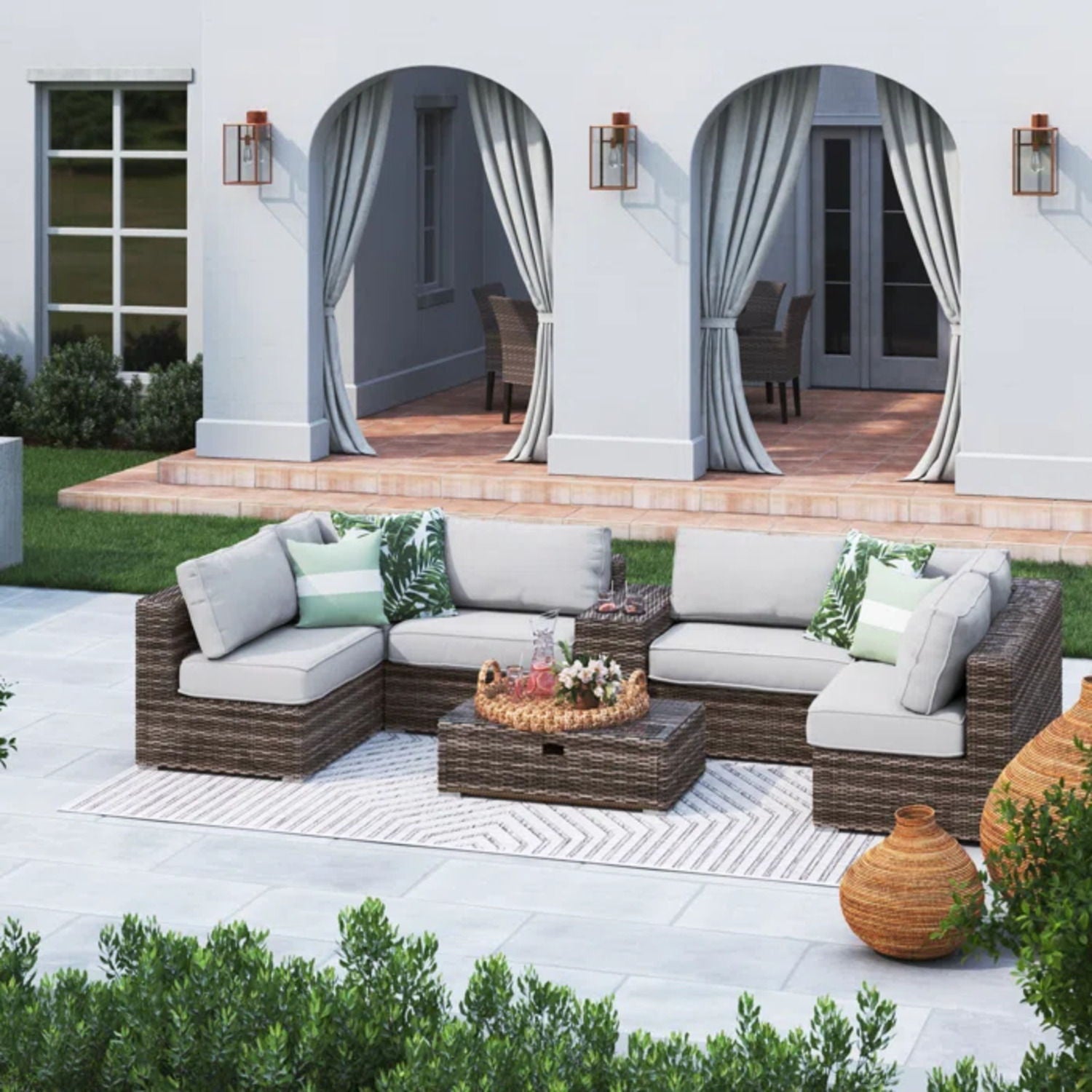 Elegant 4 Person Wicker Patio Seating Set With Cushions And Glass Top Table - Best Buy Furniture