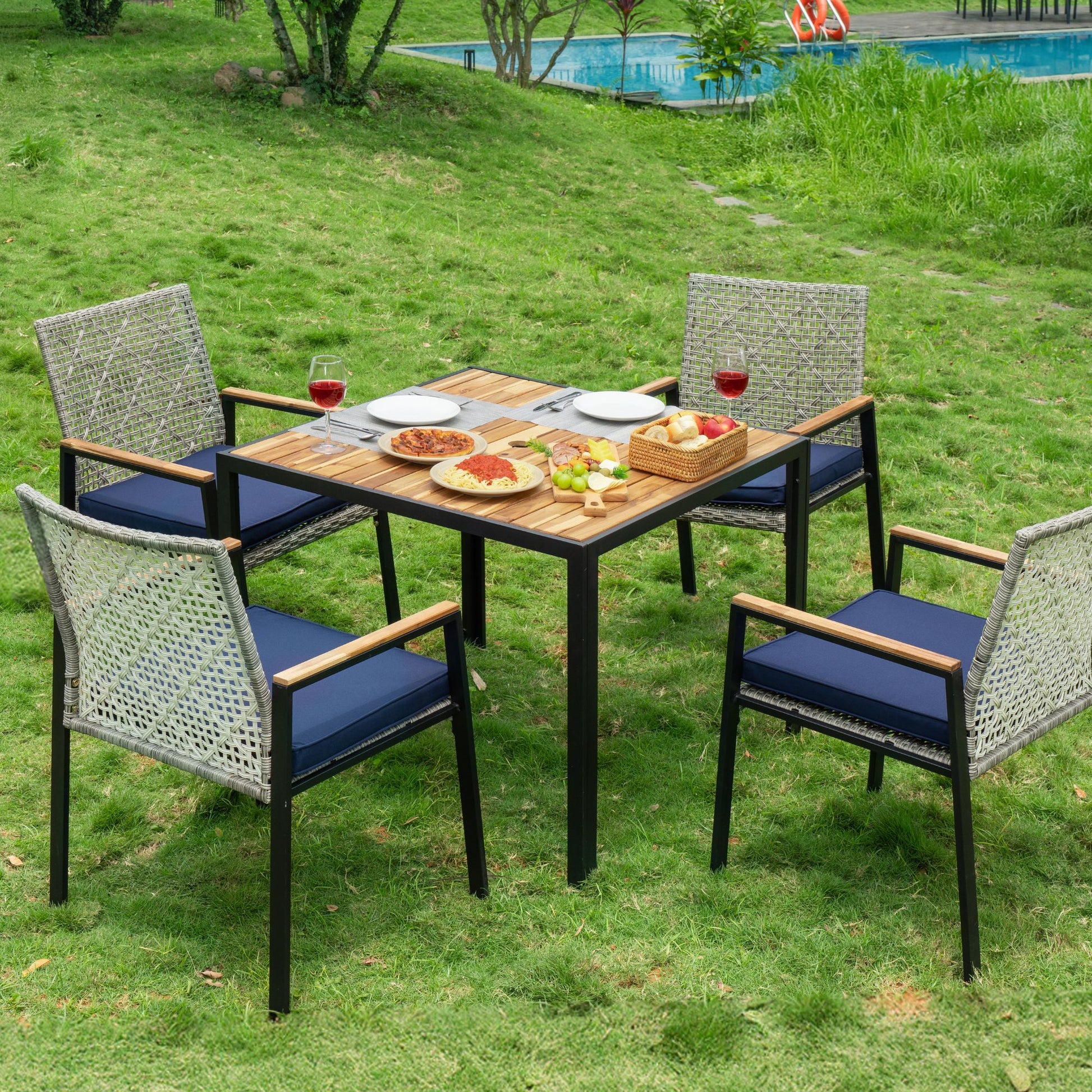 5 Piece Patio Dining Table Set, Acacia Wood Table Top With Umbrella Hole - Best Buy Furniture