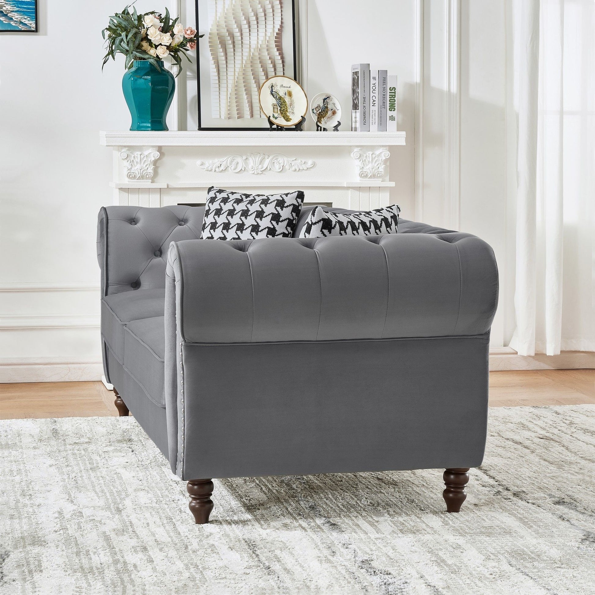 Chesterfield Velvet Upholstery Fabric Sofa With Roll Armrest & Nailhead, Mid Century Modern 3 And 3 Seater Couch - Best Buy Furniture