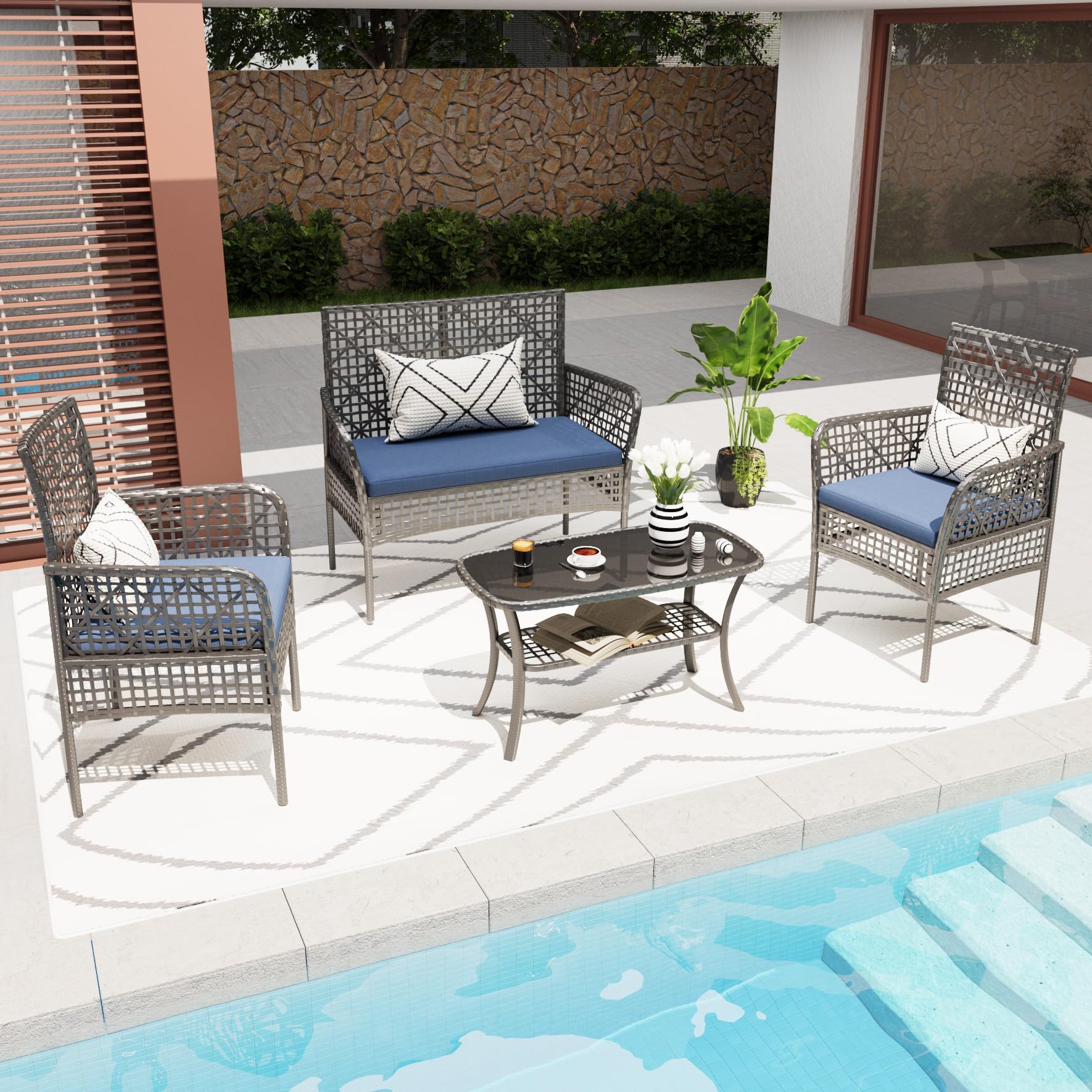 4 Pieces Rattan Wicker Chairs With Tempered Glass Table And Cushions - Best Buy Furniture