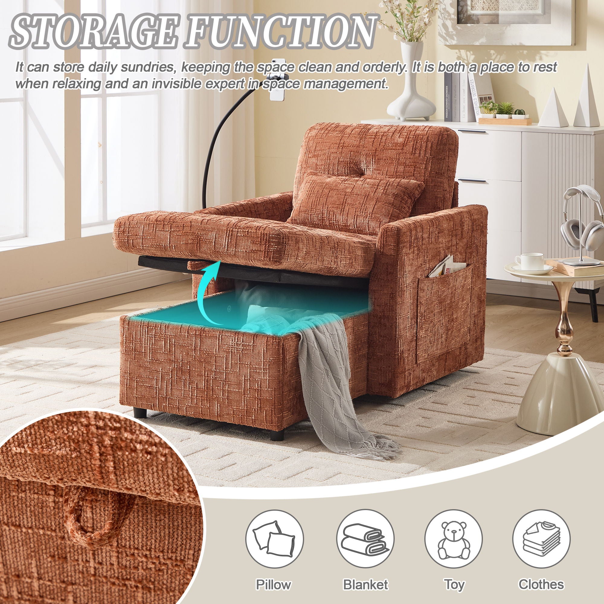 Multifunctional Chenille Recliner Sofa With Storage And Phone Bracket - Best Buy Furniture
