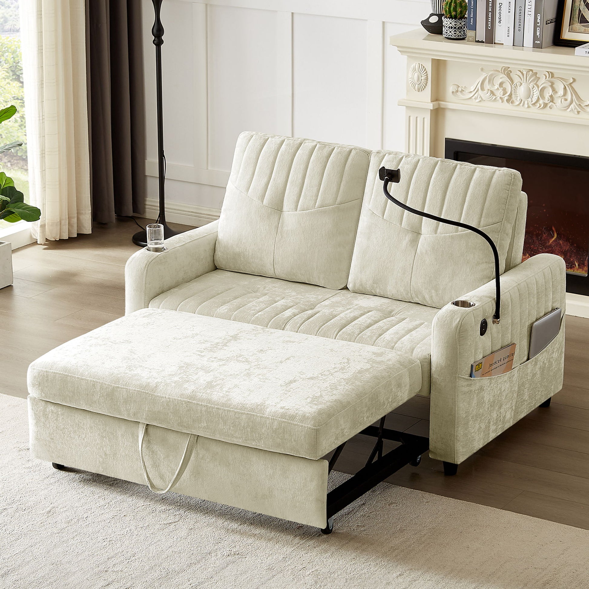 Modern Loveseat Pull Out Sofa Bed With Adjustable Backrest, Two Cup Holders, A Phone Holder, Three Charging Ports And Side Storage Pockets For Living Room - Best Buy Furniture