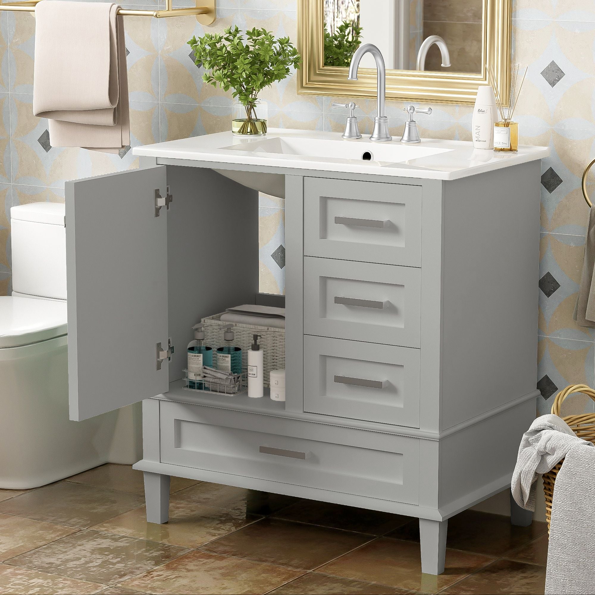 Bathroom Vanity, Modern Bathroom Cabinet With Sink Combo Set, Bathroom Storage Cabinet With A Soft Closing Door And 3 Drawers, Solid Wood Frame - Best Buy Furniture