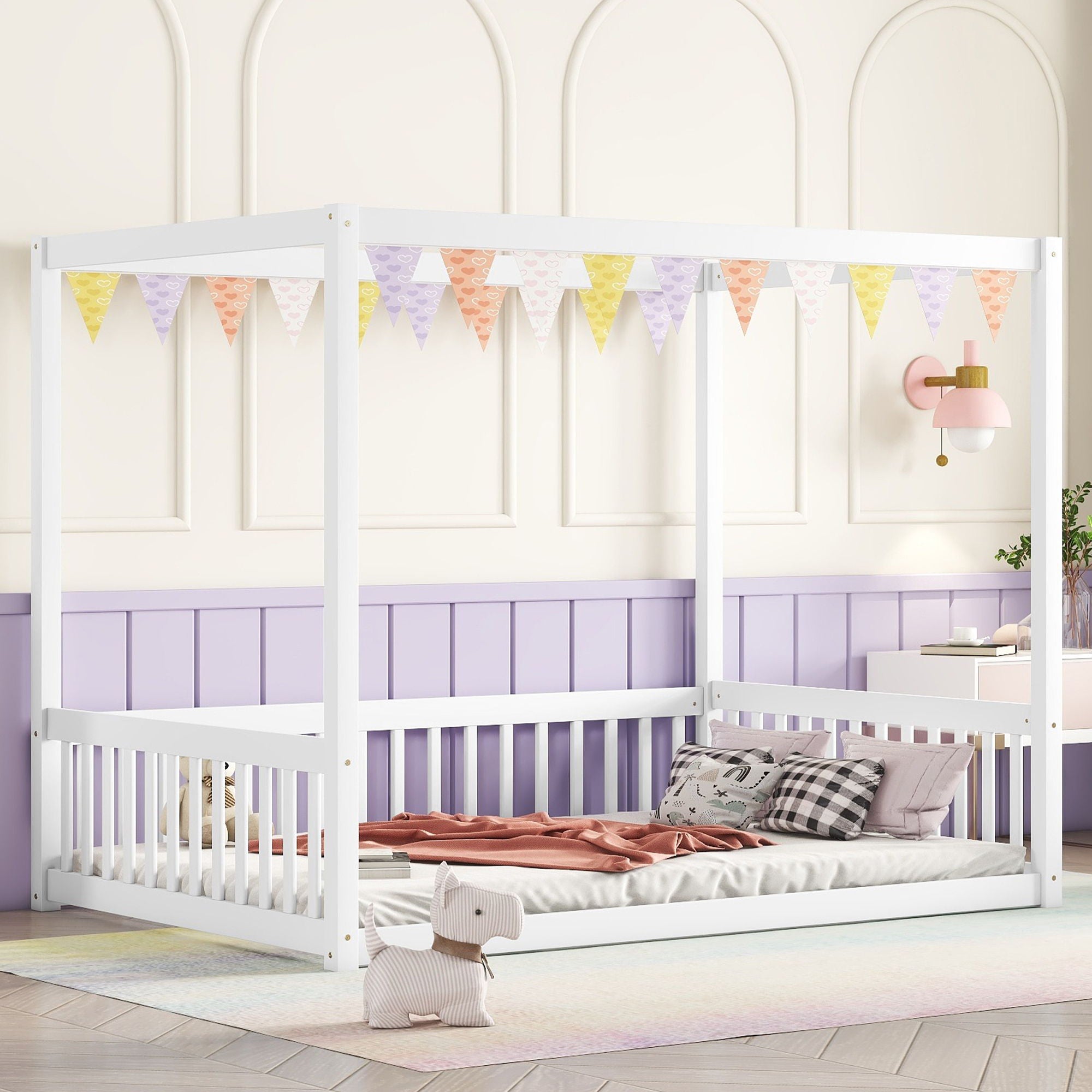 Canopy Frame Floor Bed With Fence, Guardrails - Best Buy Furniture