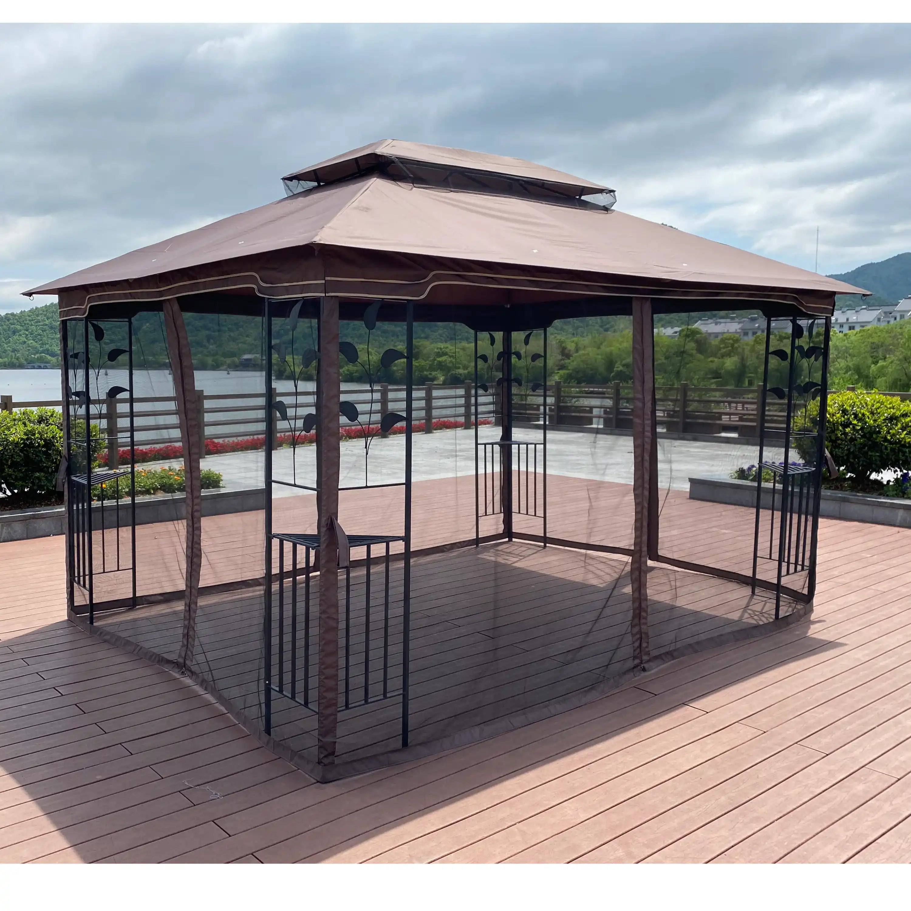13x10 Outdoor Patio Gazebo Tent, Brown Canopy with Mesh Screens - Best Buy Furniture