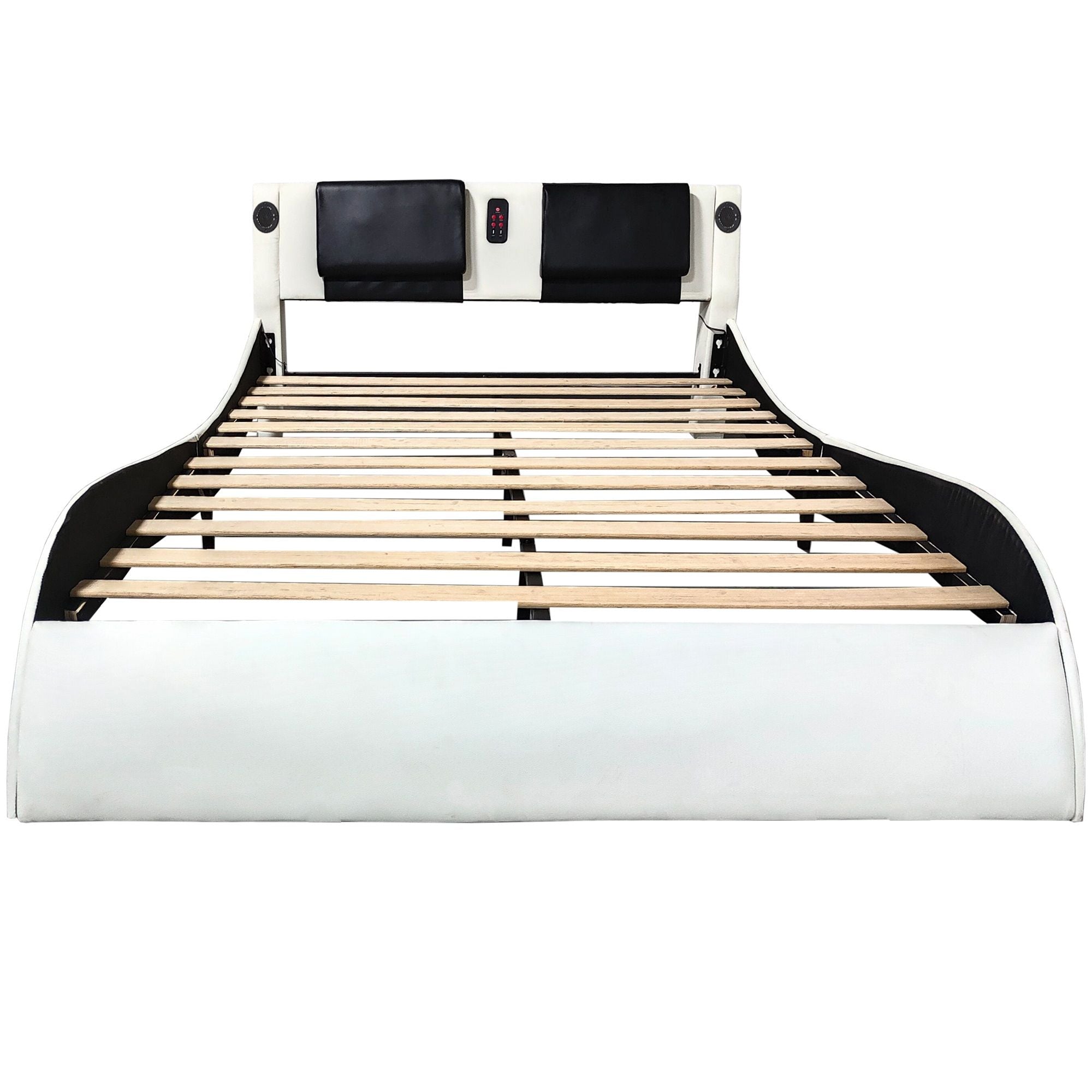Upholstered Platform Bed Frame With LED Lighting, Bluetooth Connection To Play Music Control, Backrest Vibration Massage, Curve Design, Wood Slat Support, Exhibited Speakers - Best Buy Furniture
