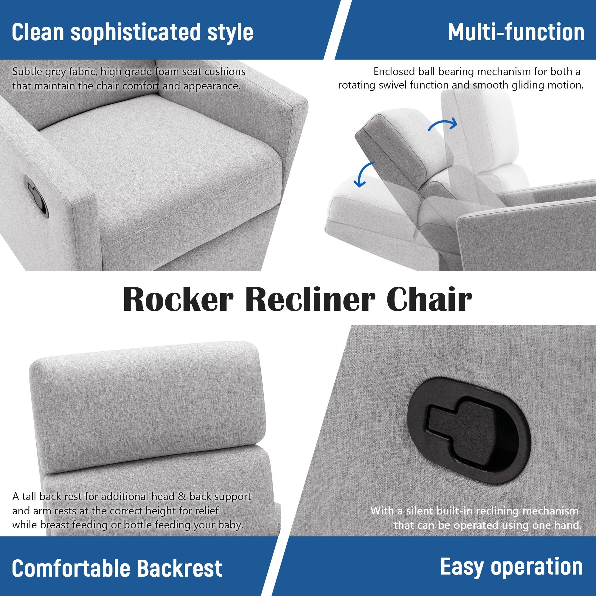 Modern Upholstered Rocker Nursery Chair Plush Seating Glider Swivel Recliner Chair