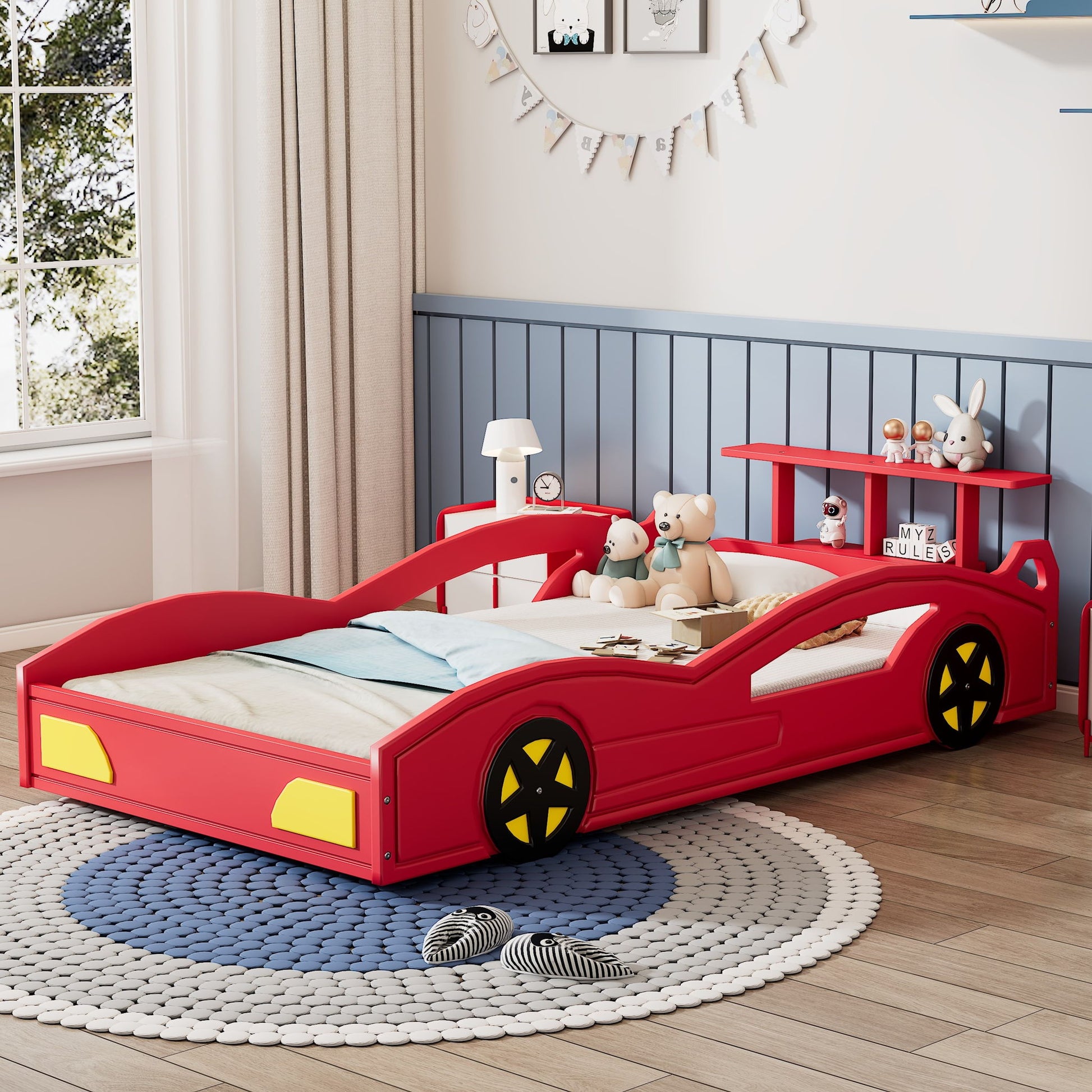 Wooden Race Car Bed, Car Shaped Platform Twin Bed With Wheels For Teens - Best Buy Furniture