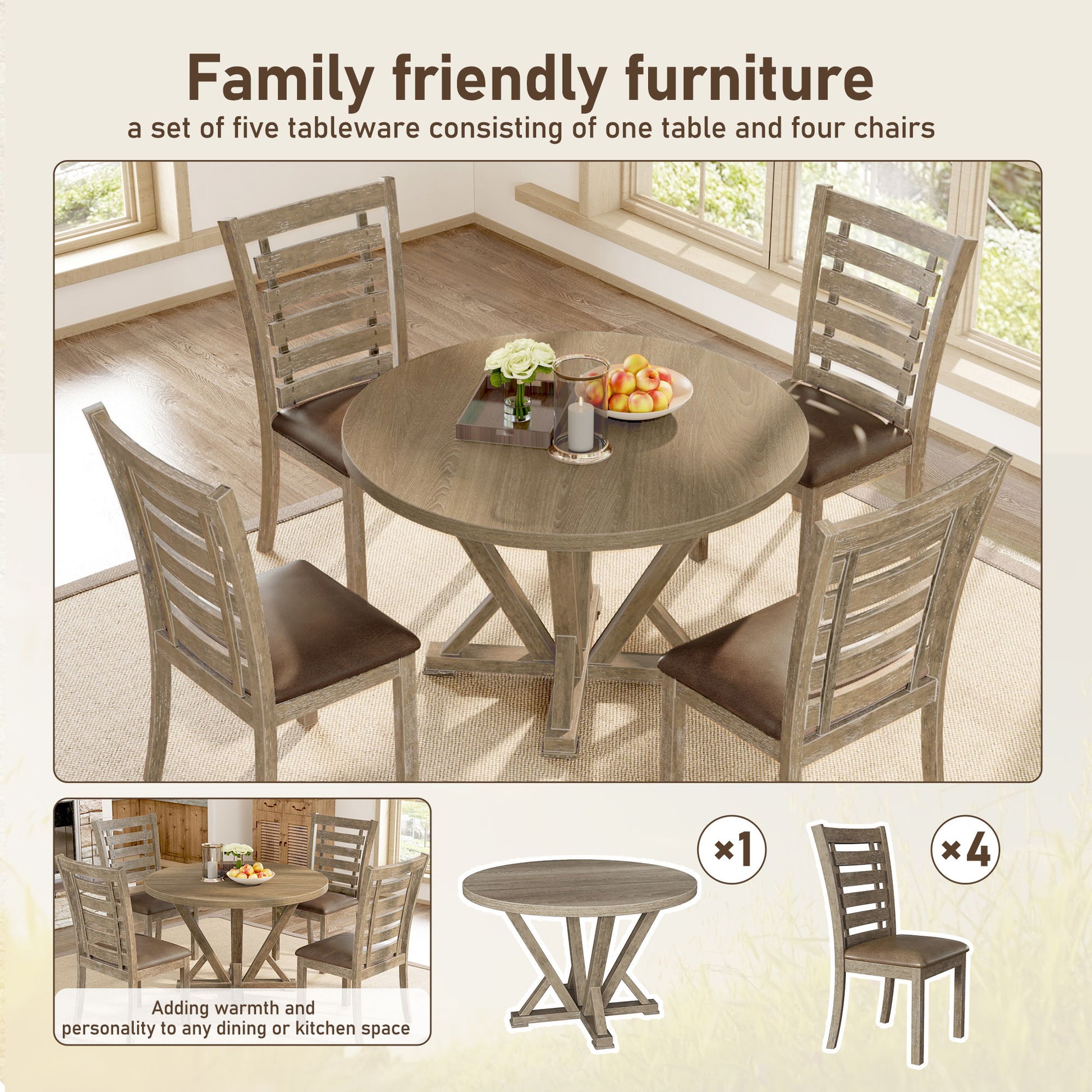 5 Pieces Table Set Round Dining Table Solid Wood Modern Farmhouse Rustic Look Distressed Look - Grayish Brown - Best Buy Furniture
